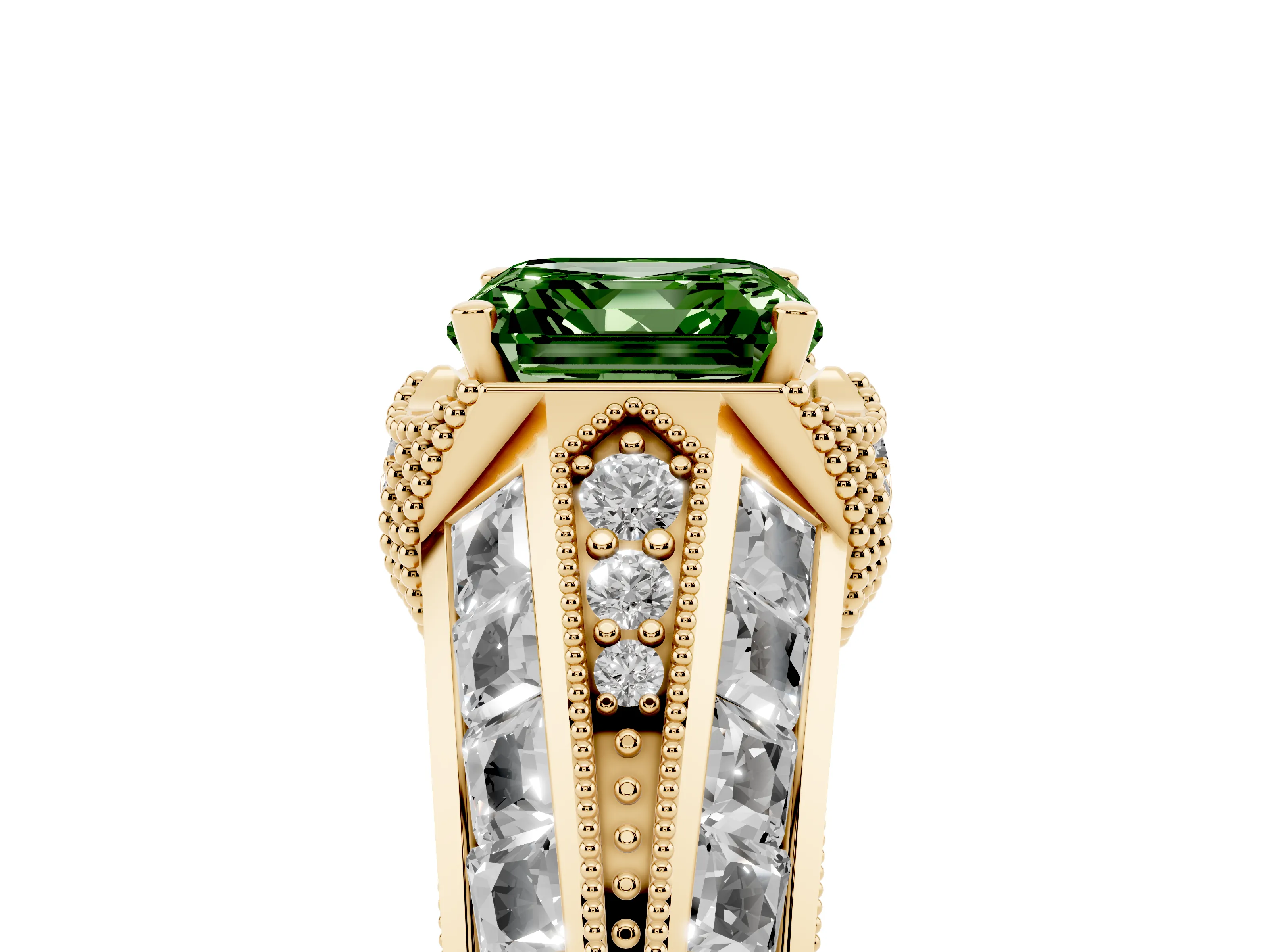 Fancy Green Asscher Cut Diamond Vintage-Inspired Milgrain Ring Set in Yellow gold with Accent Split Shank