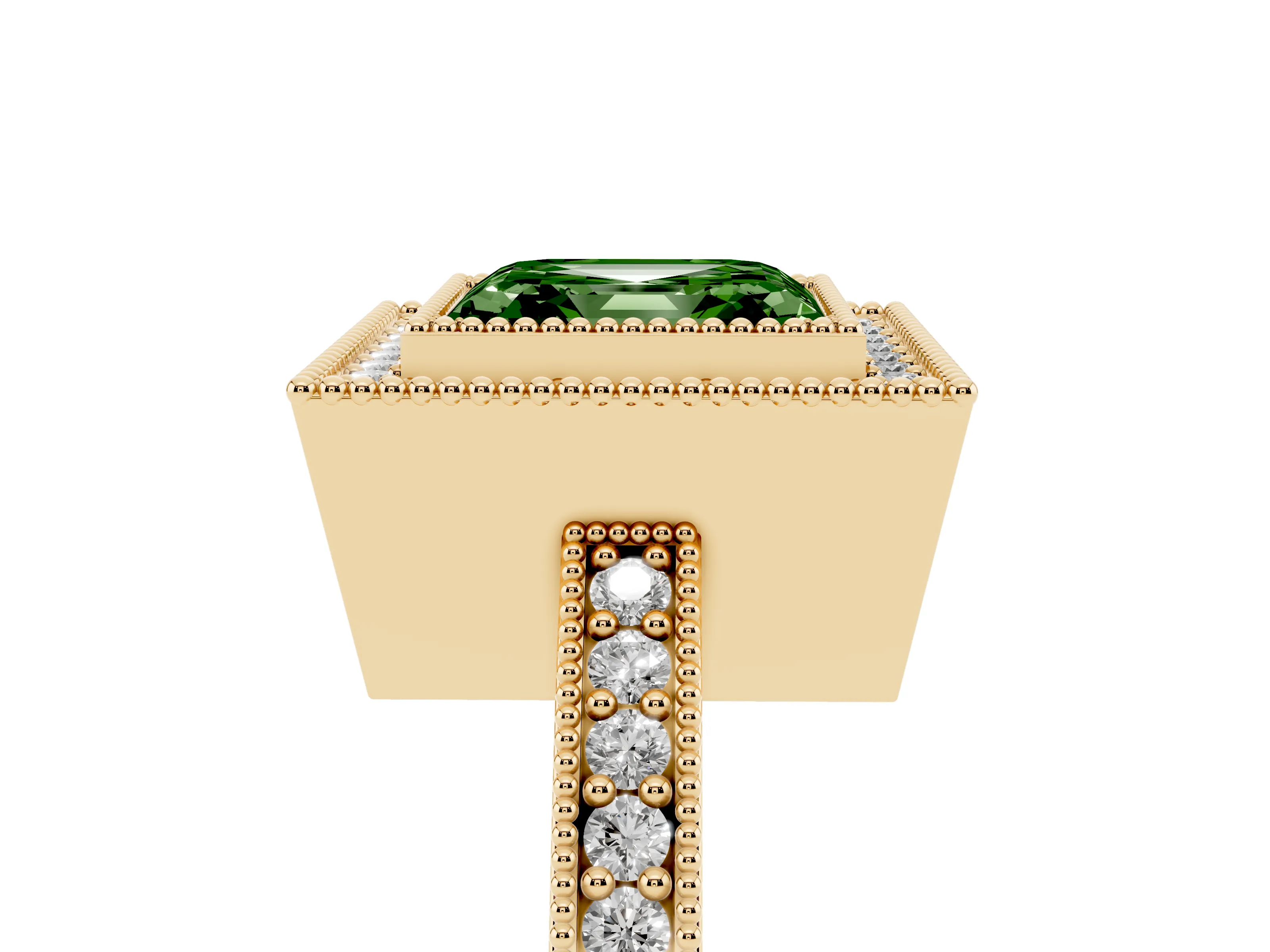 Fancy Green Asscher Cut Diamond Halo Engagement Ring Set in Yellow gold with Pavé Band and Round Halo Stones