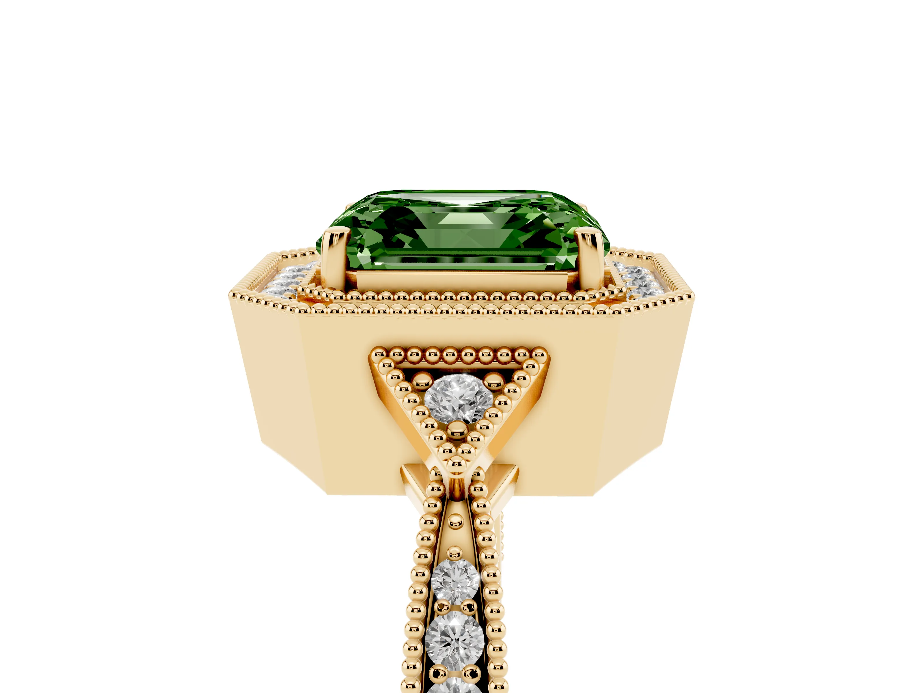 Fancy Green Asscher Cut Diamond Halo Engagement Ring Set in Yellow gold with Milgrain Pavé Band
