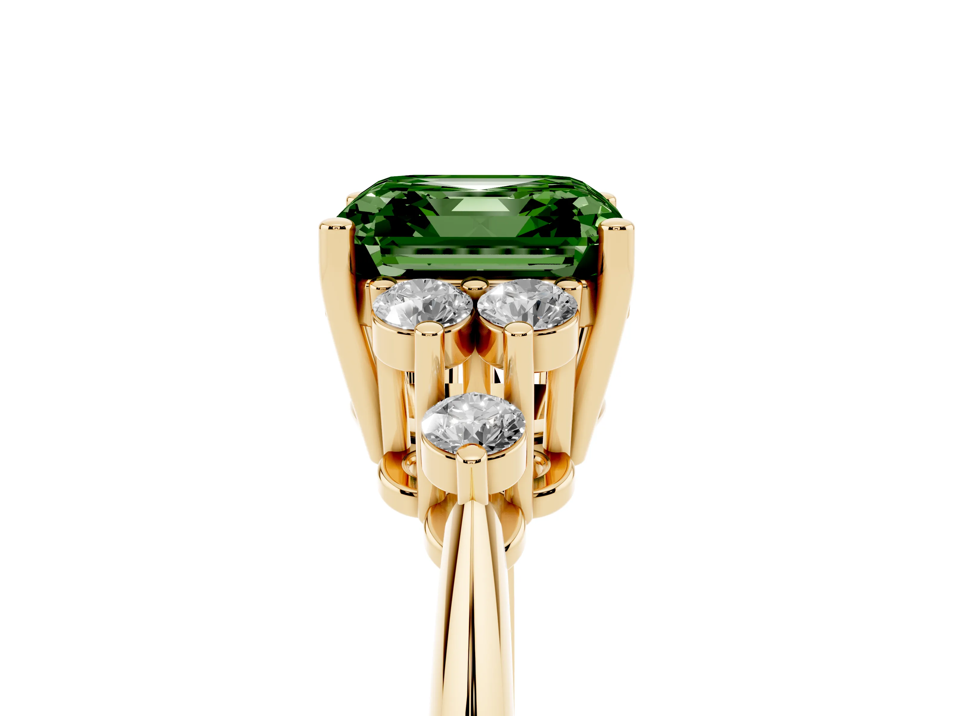 Fancy Green Asscher Cut Diamond Cluster Ring Set in Yellow gold with Plain Band and Prong Setting