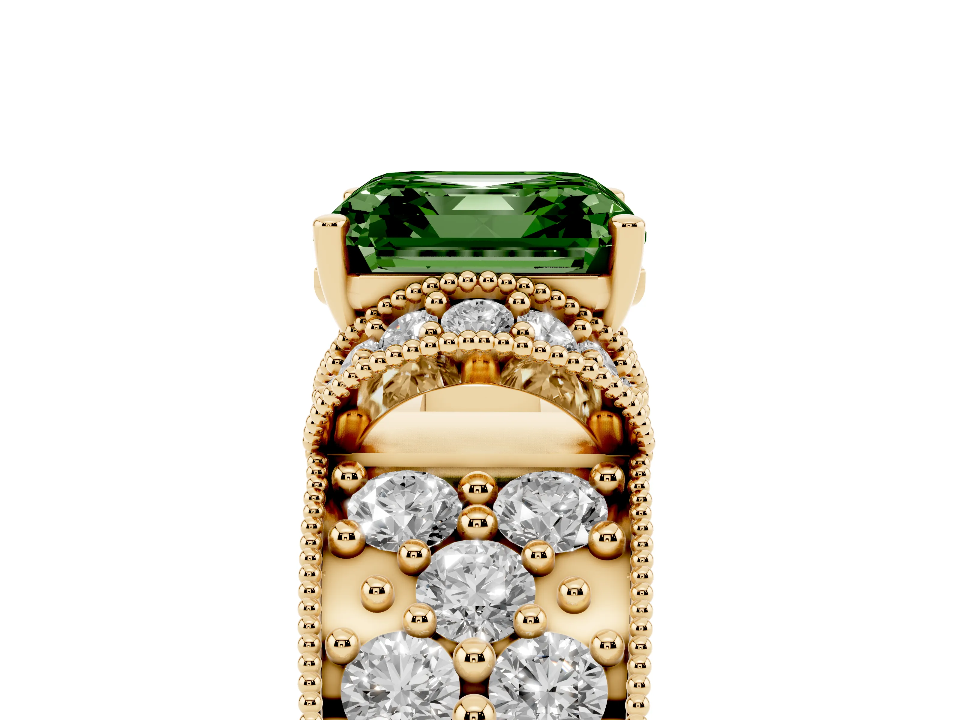 Fancy Green Asscher Cut Diamond Milgrain Halo Pavé Engagement Ring Set in Yellow gold with Prong Setting