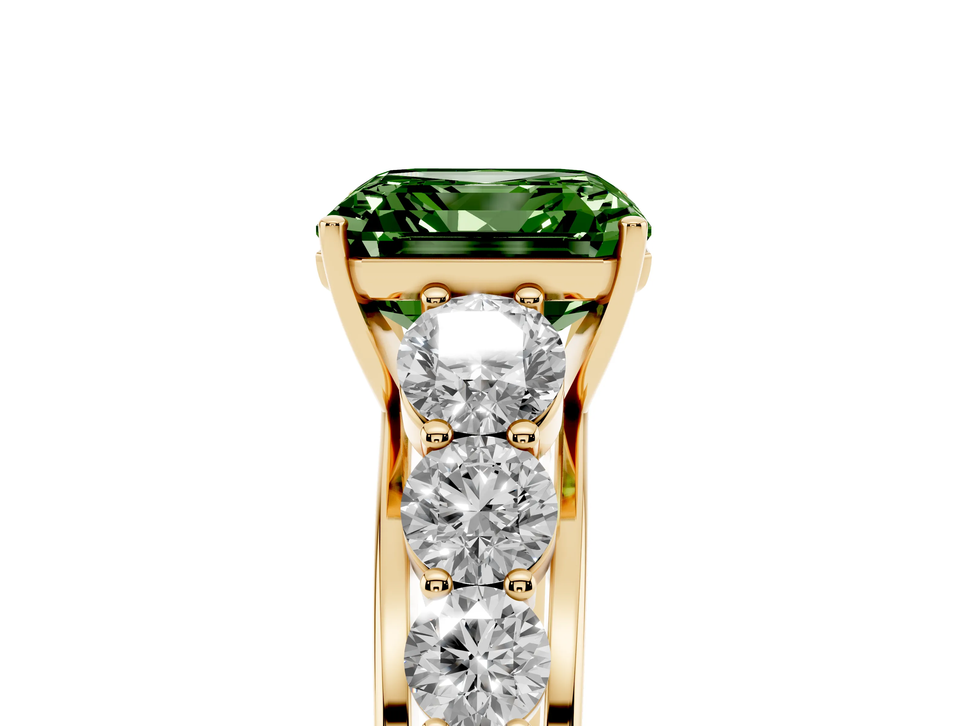 Fancy Green Asscher Cut Diamond Solitaire Ring Set in Yellow gold with Pavé-Set Band and Prong Setting