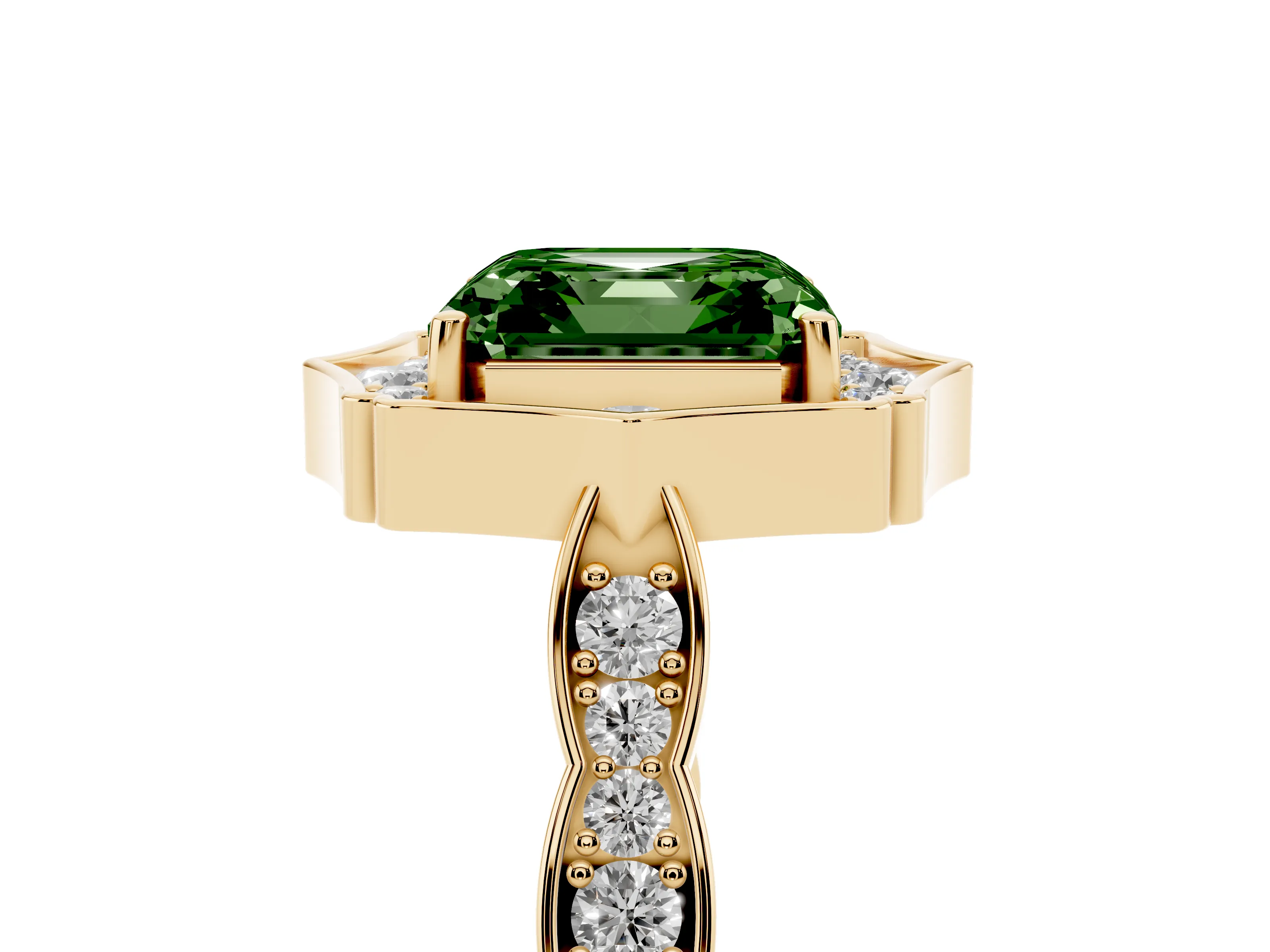 Fancy Green Asscher Cut Diamond Halo Engagement Ring Set in Yellow gold with Milgrain Band and Prong Setting