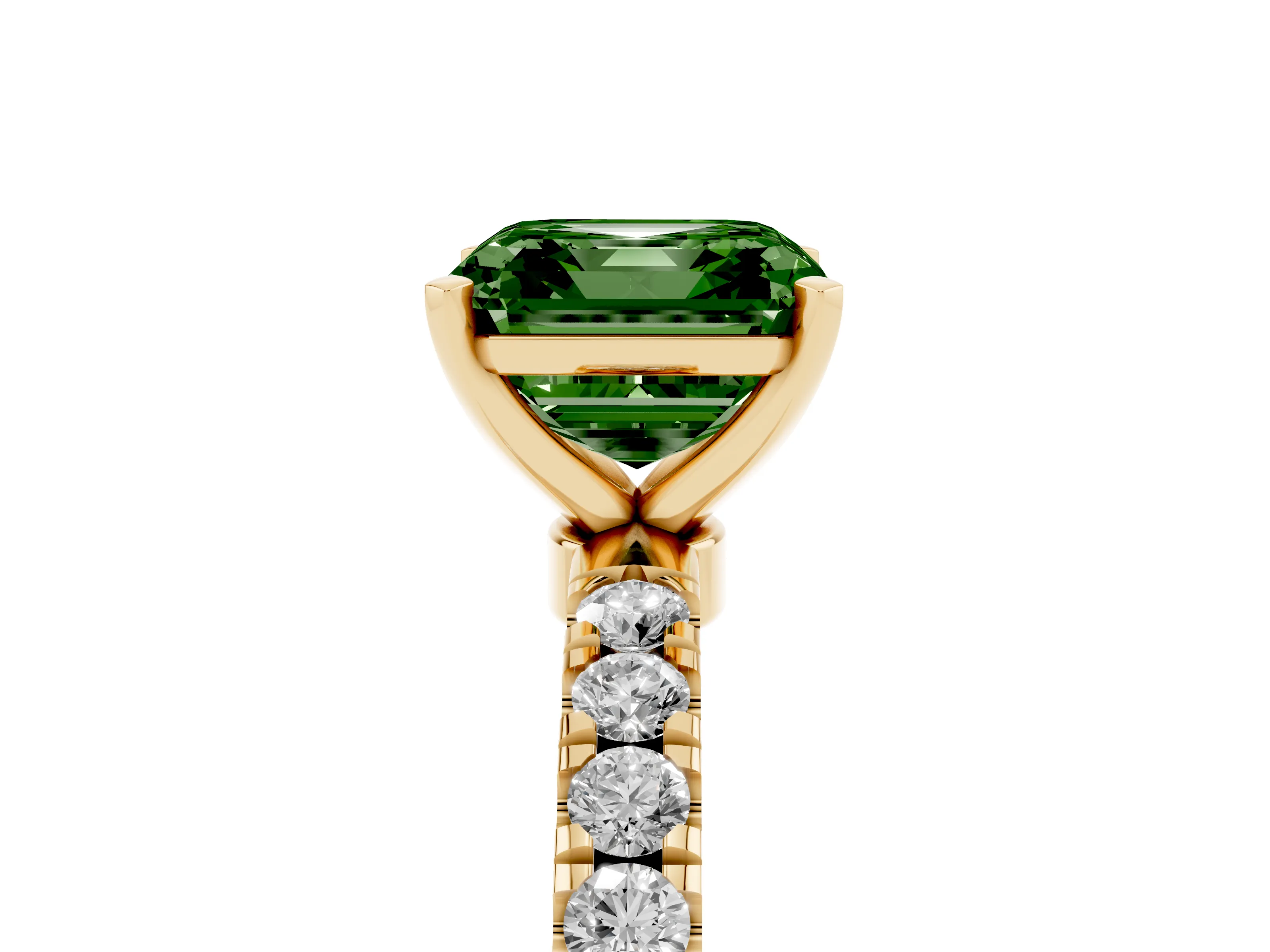 Fancy Green Asscher Cut Diamond Solitaire Ring Set in Yellow gold with Pavé Accents and Prong Setting