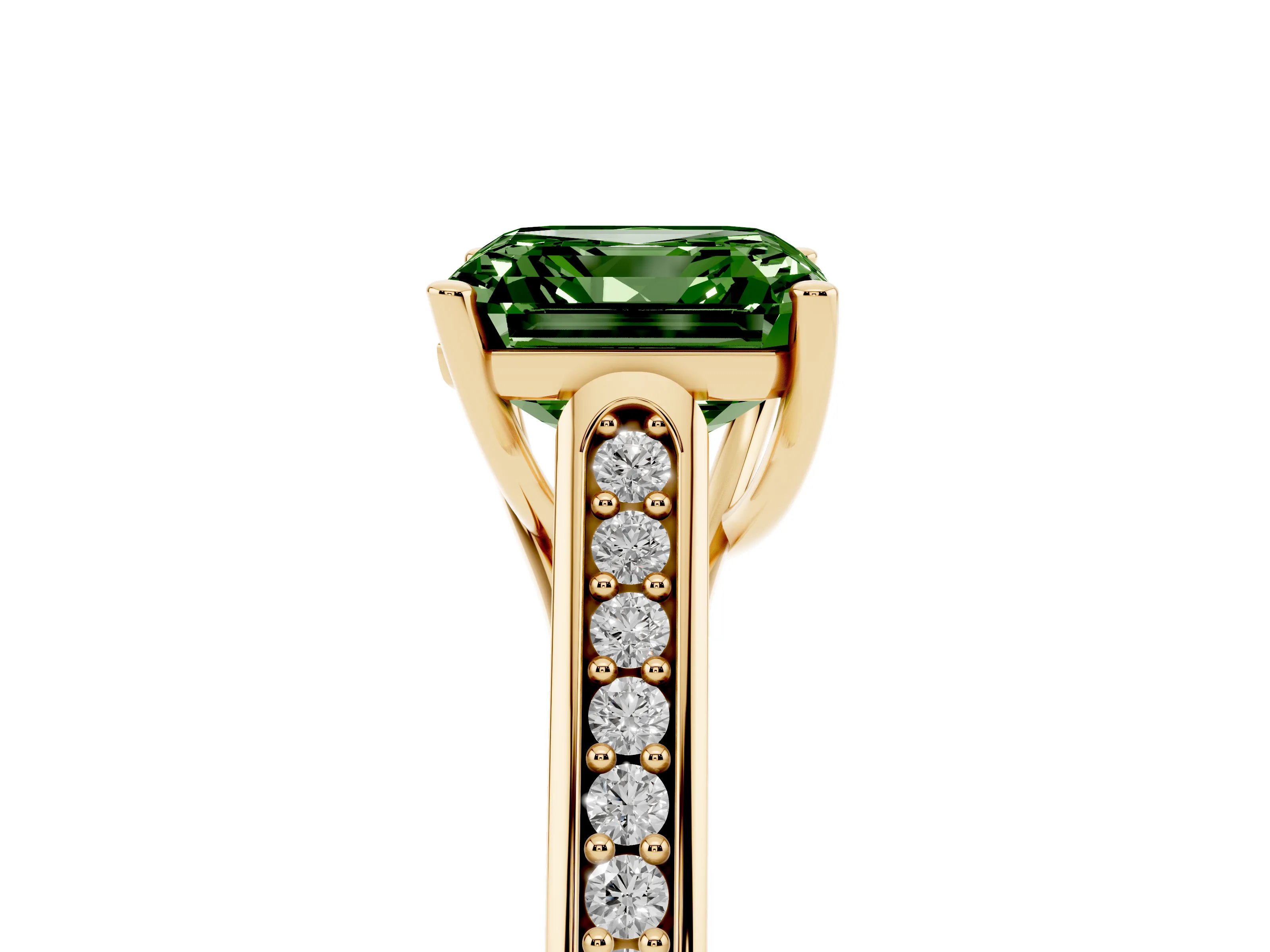 Fancy Green Asscher Cut Diamond Solitaire Cathedral Engagement Ring Set in Yellow gold with Channel-Set Band and Prong Setting