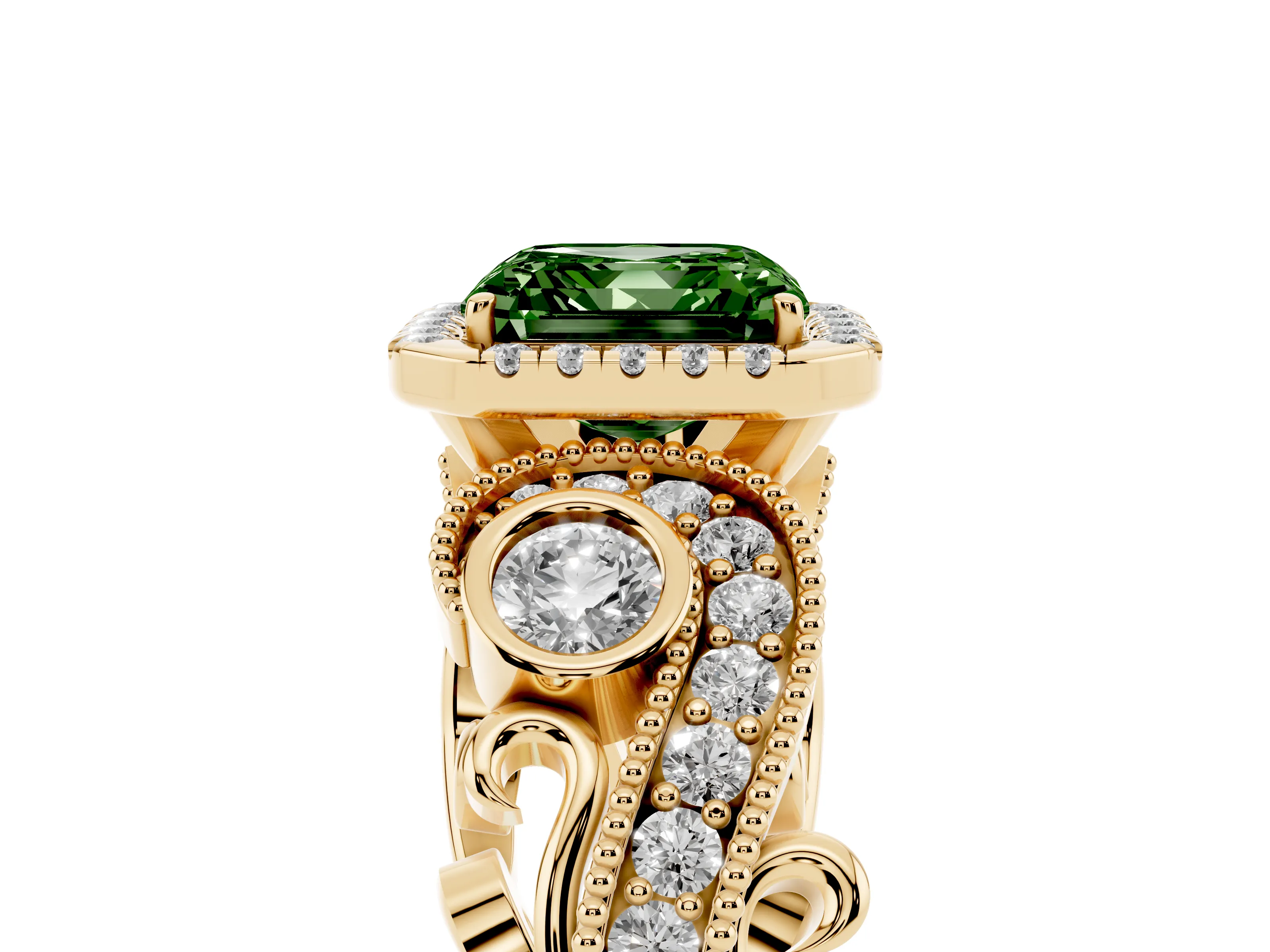 Fancy Green Asscher Cut Diamond Halo Ring Set in Yellow gold with Milgrain Pavé Band and Prong Setting