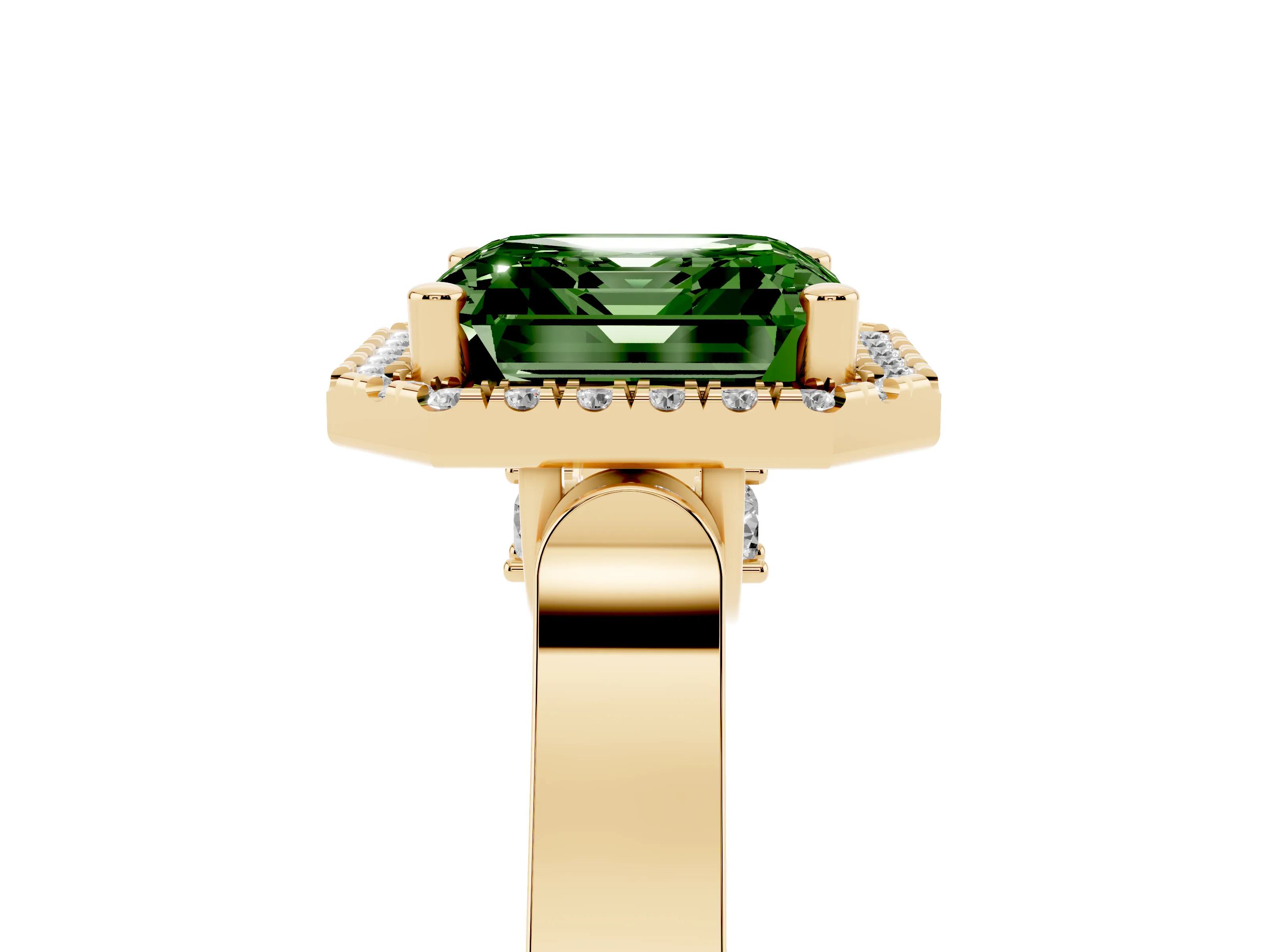 Fancy Green Asscher Cut Diamond Halo Ring Set in Yellow gold with Pavé-Lined Split Shank Band