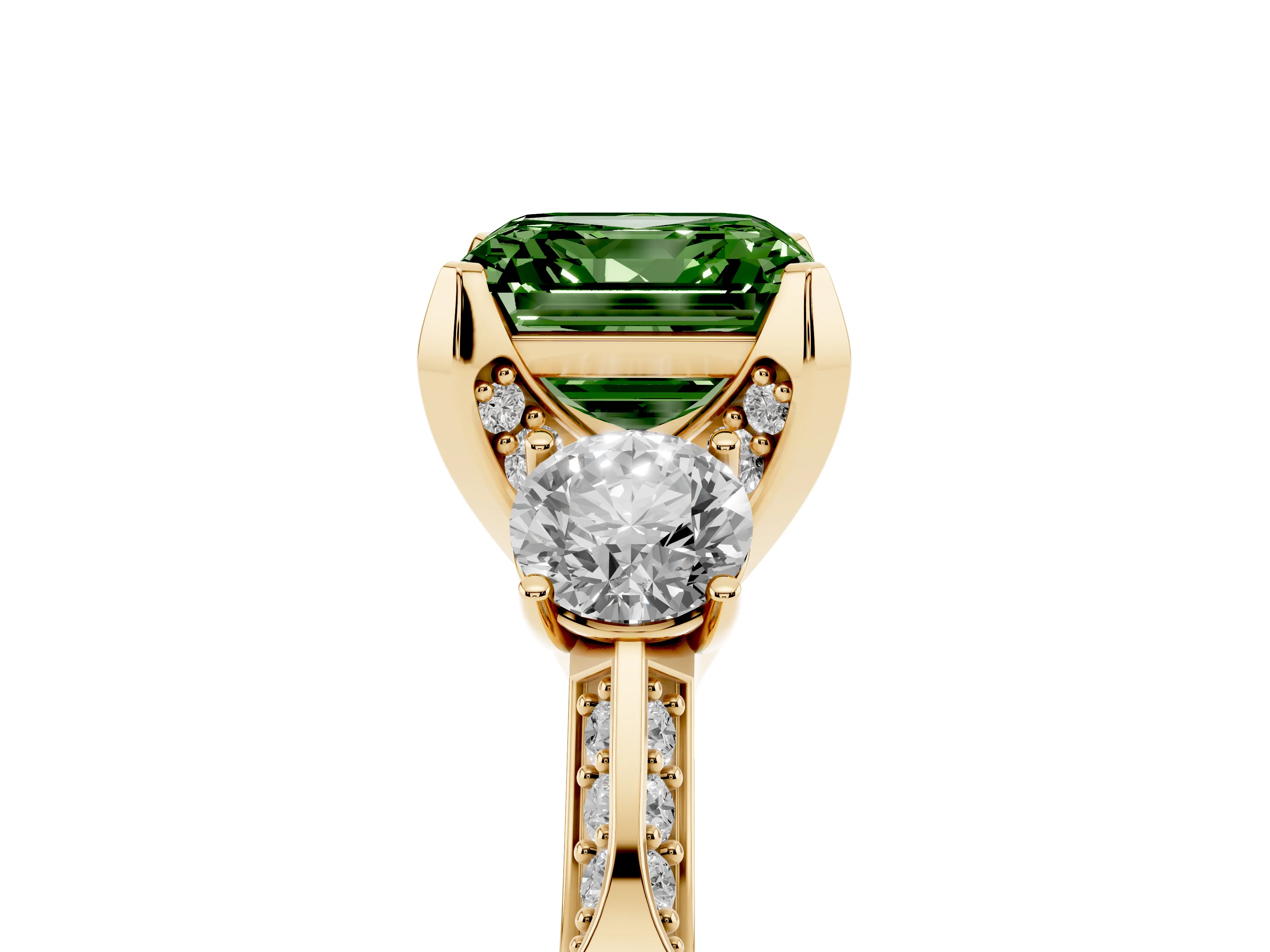 Fancy Green Asscher Cut Diamond Three-Stone Ring Set in Yellow gold with Pavé Band and Smaller Side Stones