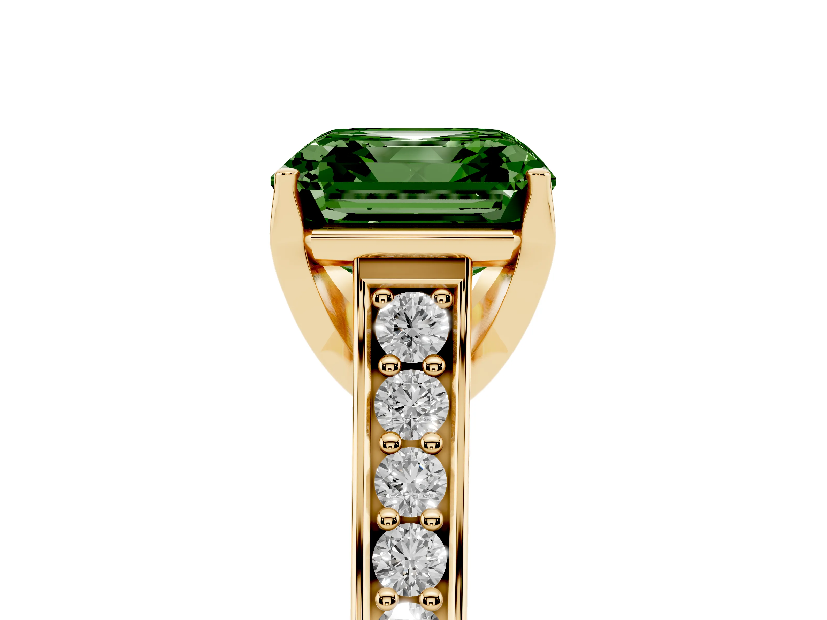 Fancy Green Asscher Cut Diamond Solitaire Pavé Engagement Ring Set in Yellow gold with Prong Setting