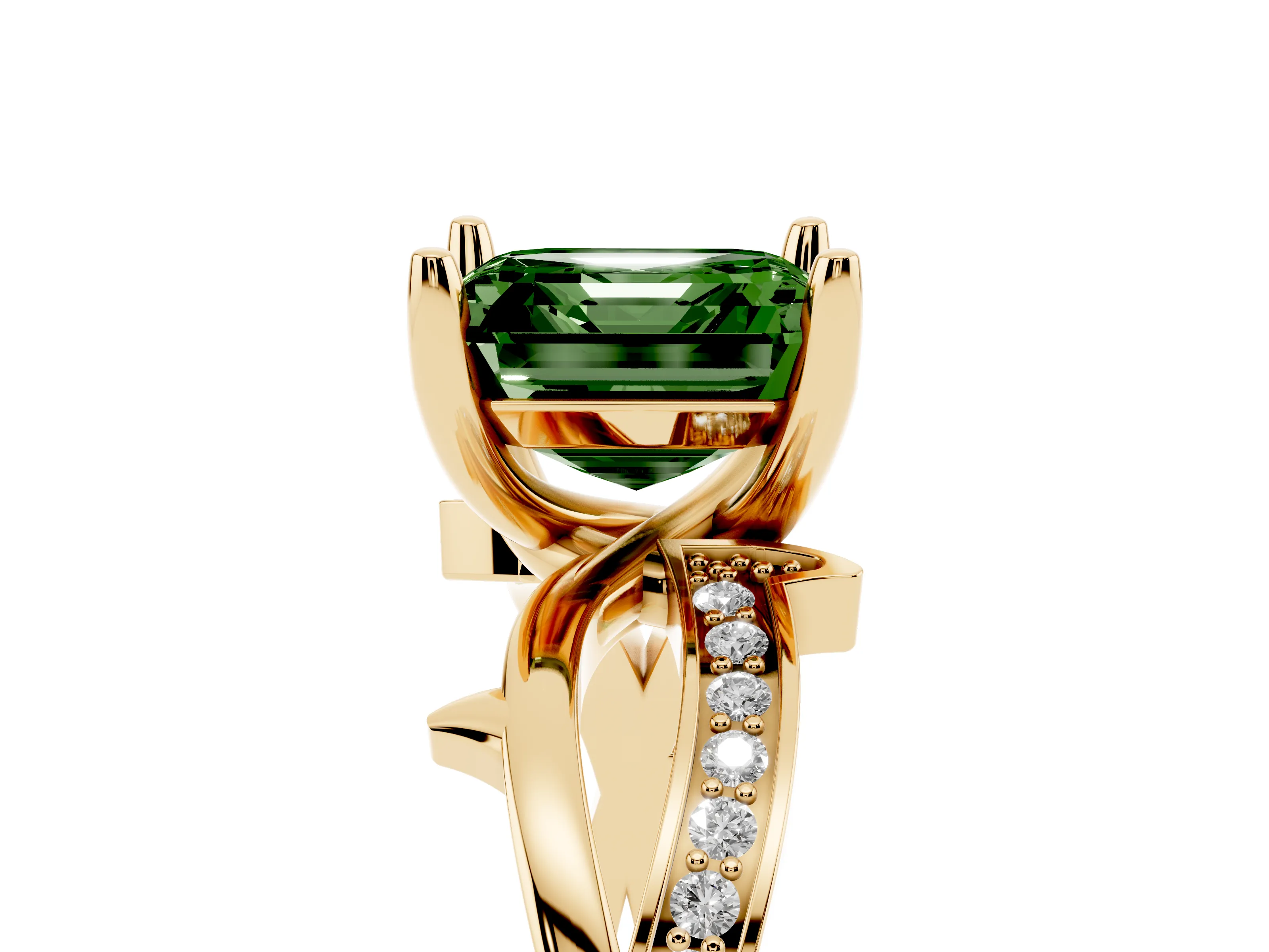 Fancy Green Asscher Cut Diamond Pavé Twist Band Solitaire Ring Set in Yellow gold with Prong Setting
