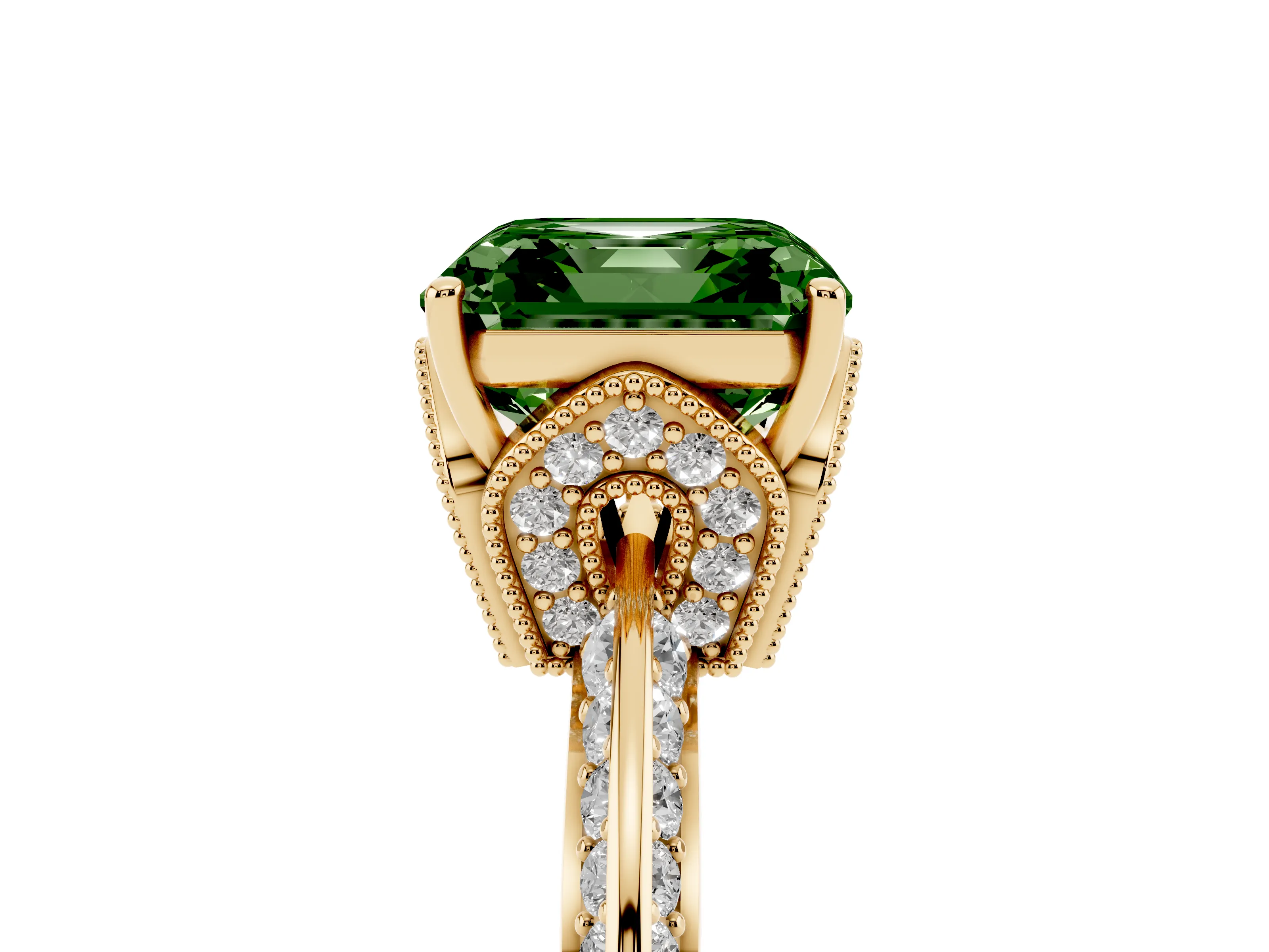 Fancy Green Asscher Cut Diamond Solitaire Engagement Ring Set in Yellow gold with Pavé Split Shank and Prong Setting