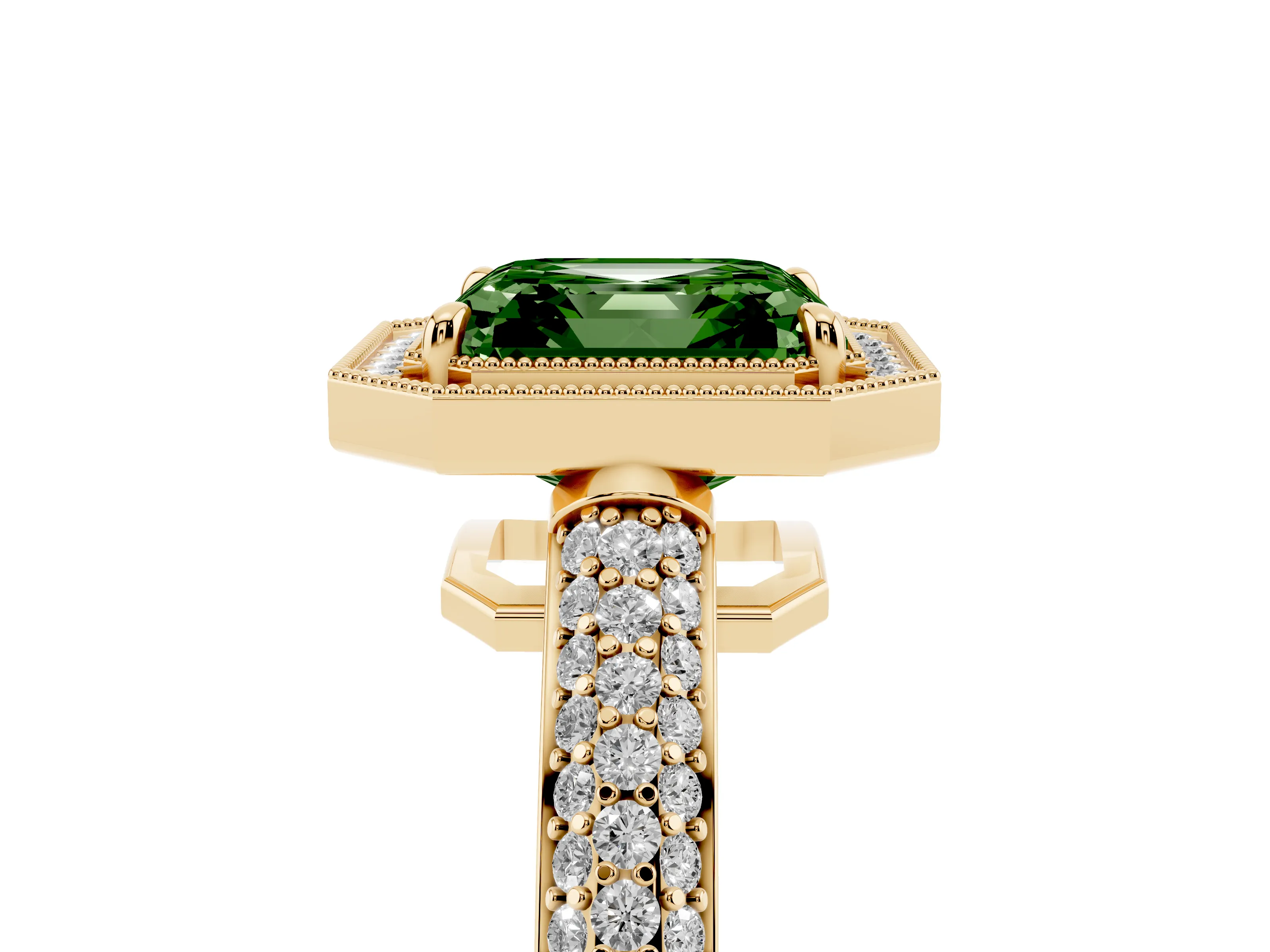 Fancy Green Asscher Cut Diamond Halo Pavé Band Set in Yellow gold with Prong Setting
