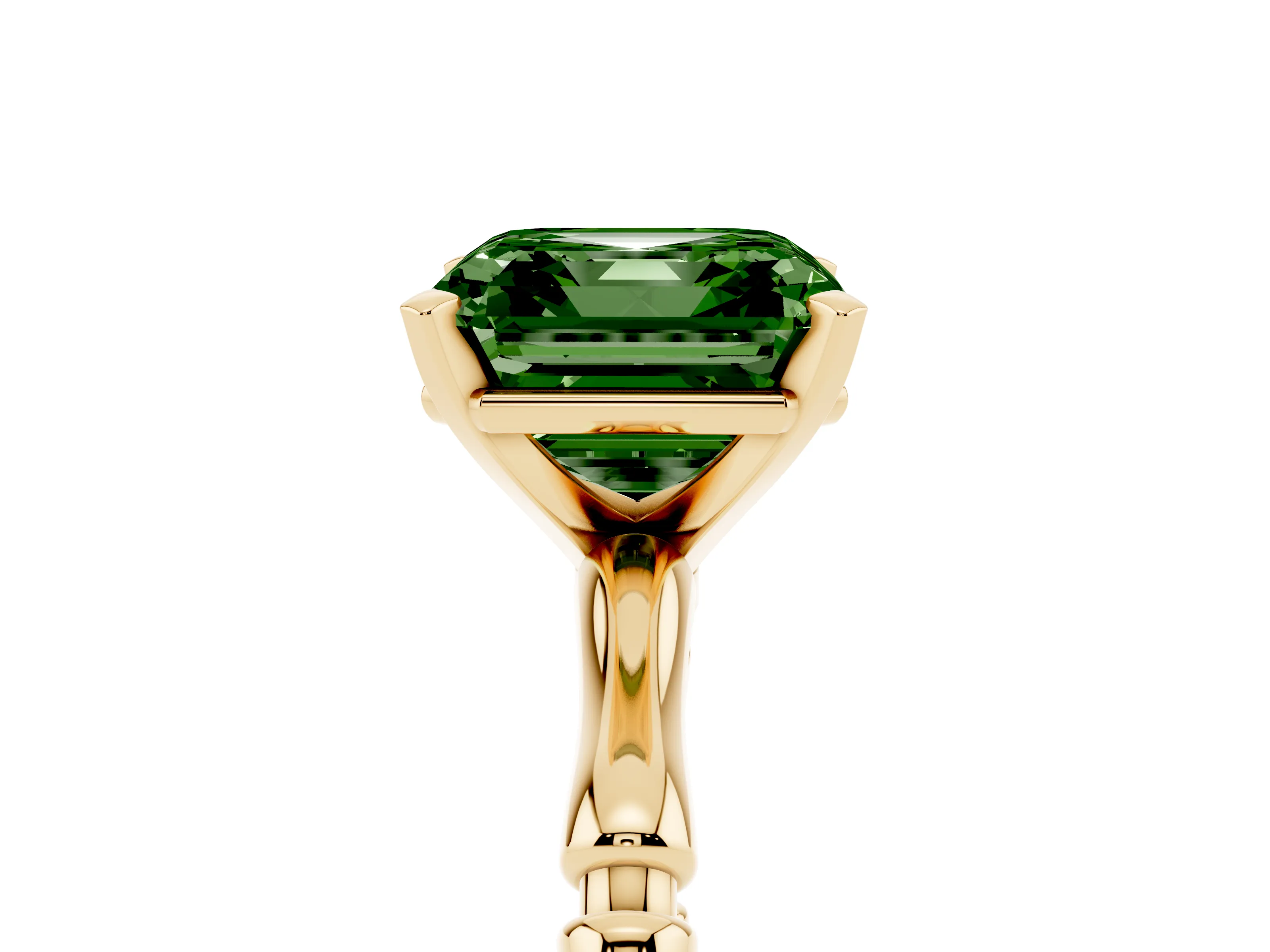 Fancy Green Asscher Cut Diamond Solitaire Ring Set in Yellow gold with Bamboo Band and Prong Setting