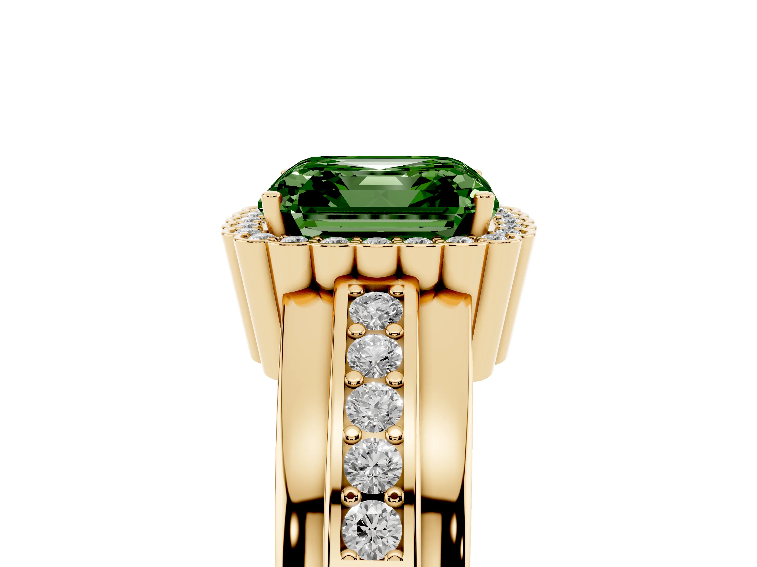 Fancy Green Asscher Cut Diamond Halo Prong Ring Set in Yellow gold with Pavé Band