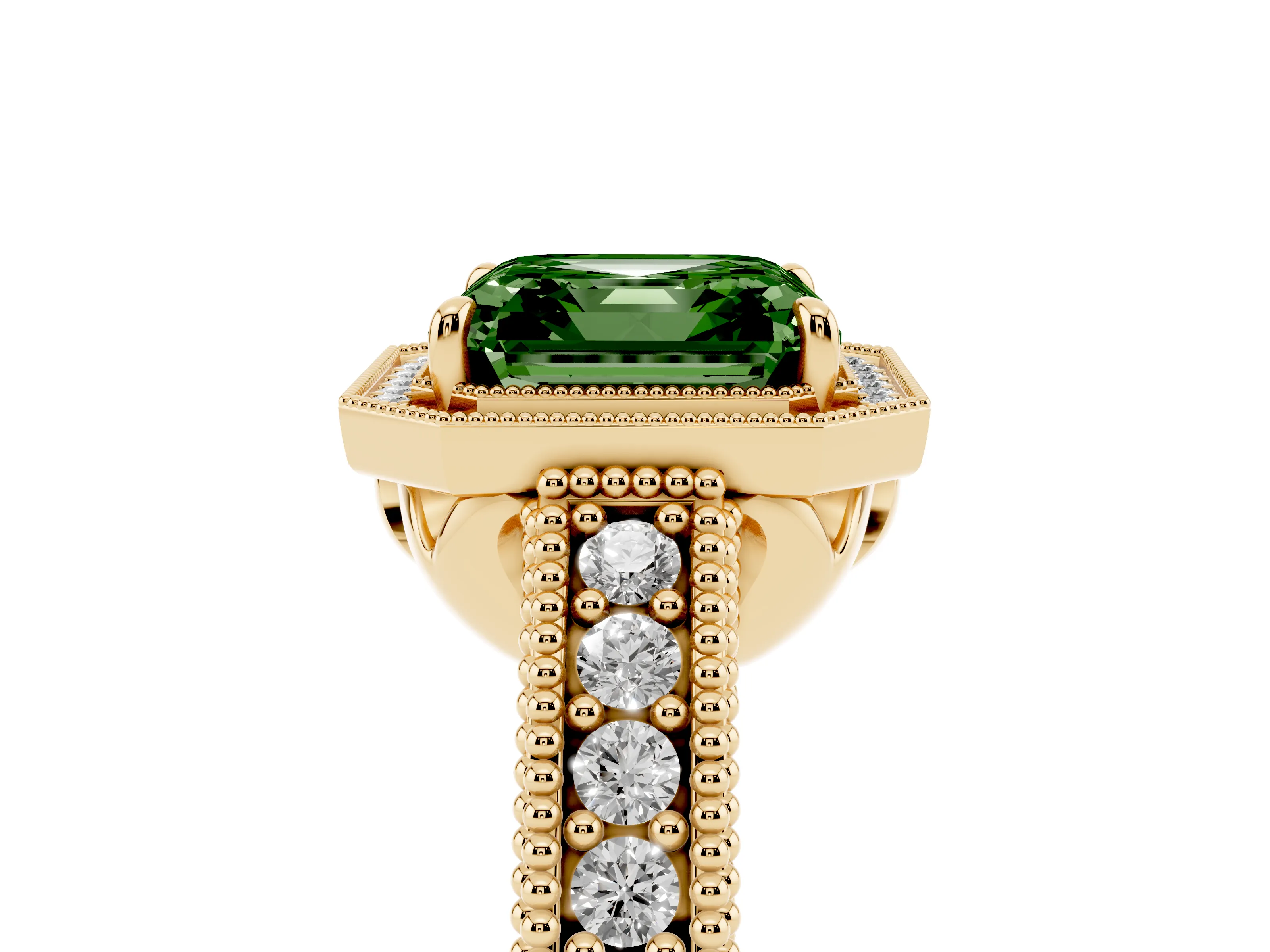 Fancy Green Asscher Cut Diamond Halo Ring Set in Yellow gold with Round Accent Halo, Pavé Band and Prong Setting