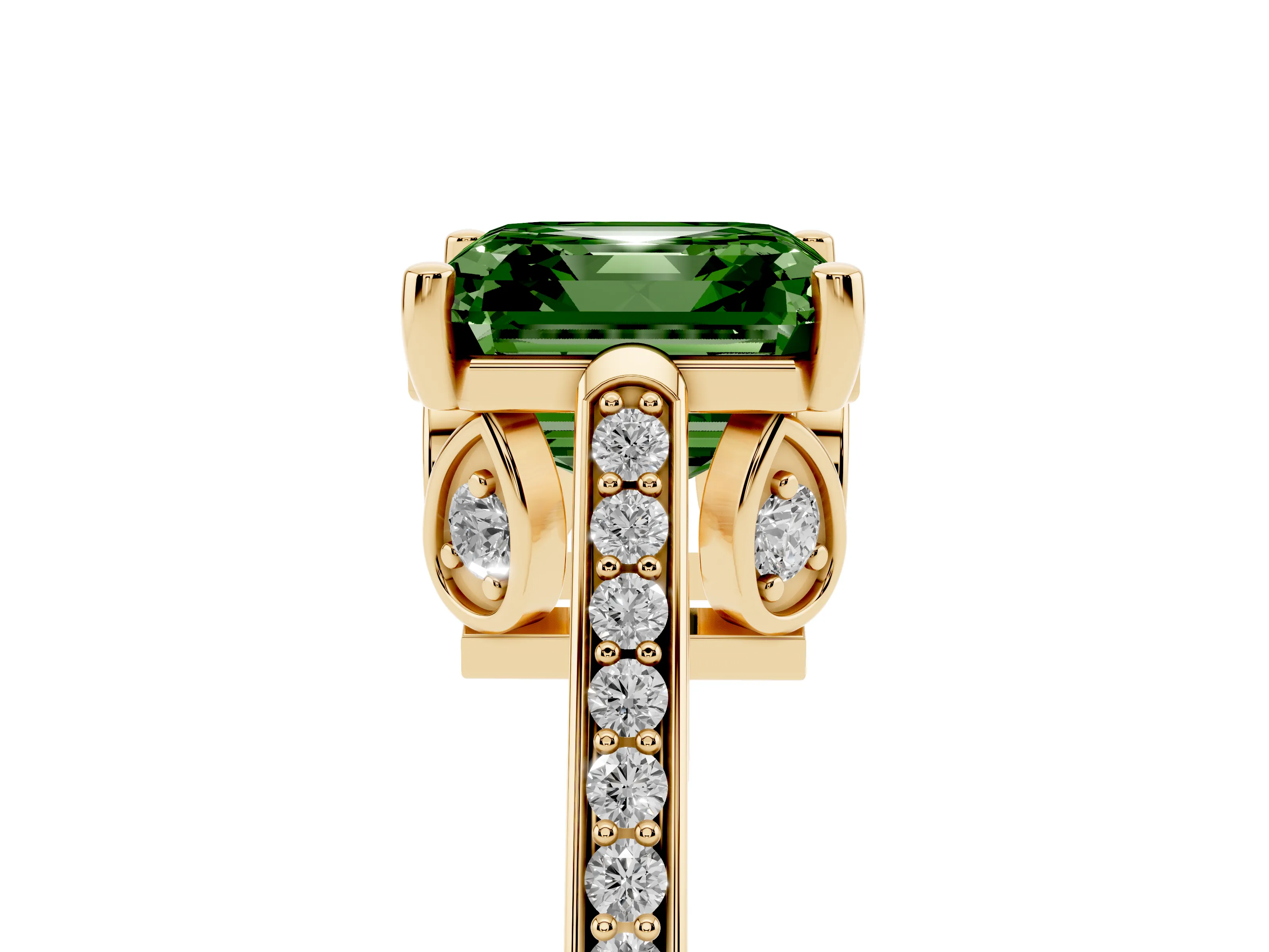 Fancy Green Asscher Cut Diamond Cathedral Pavé Engagement Ring Set in Yellow gold with Prong Setting