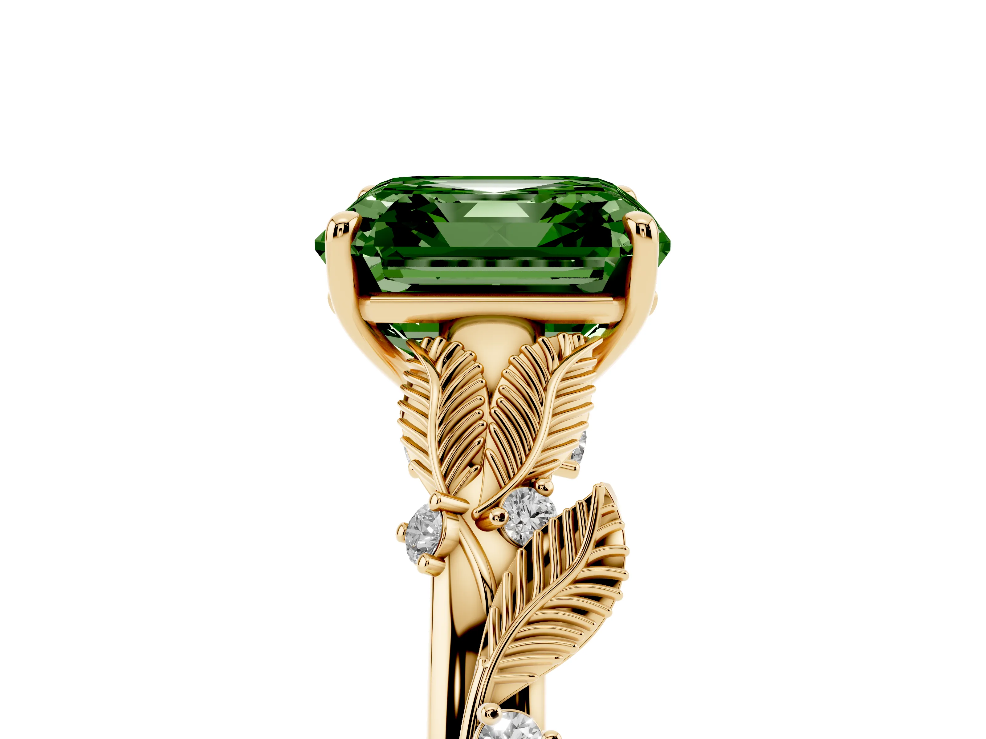 Fancy Green Asscher Cut Diamond Solitaire Ring Set in Yellow gold with Leaf Motif Band