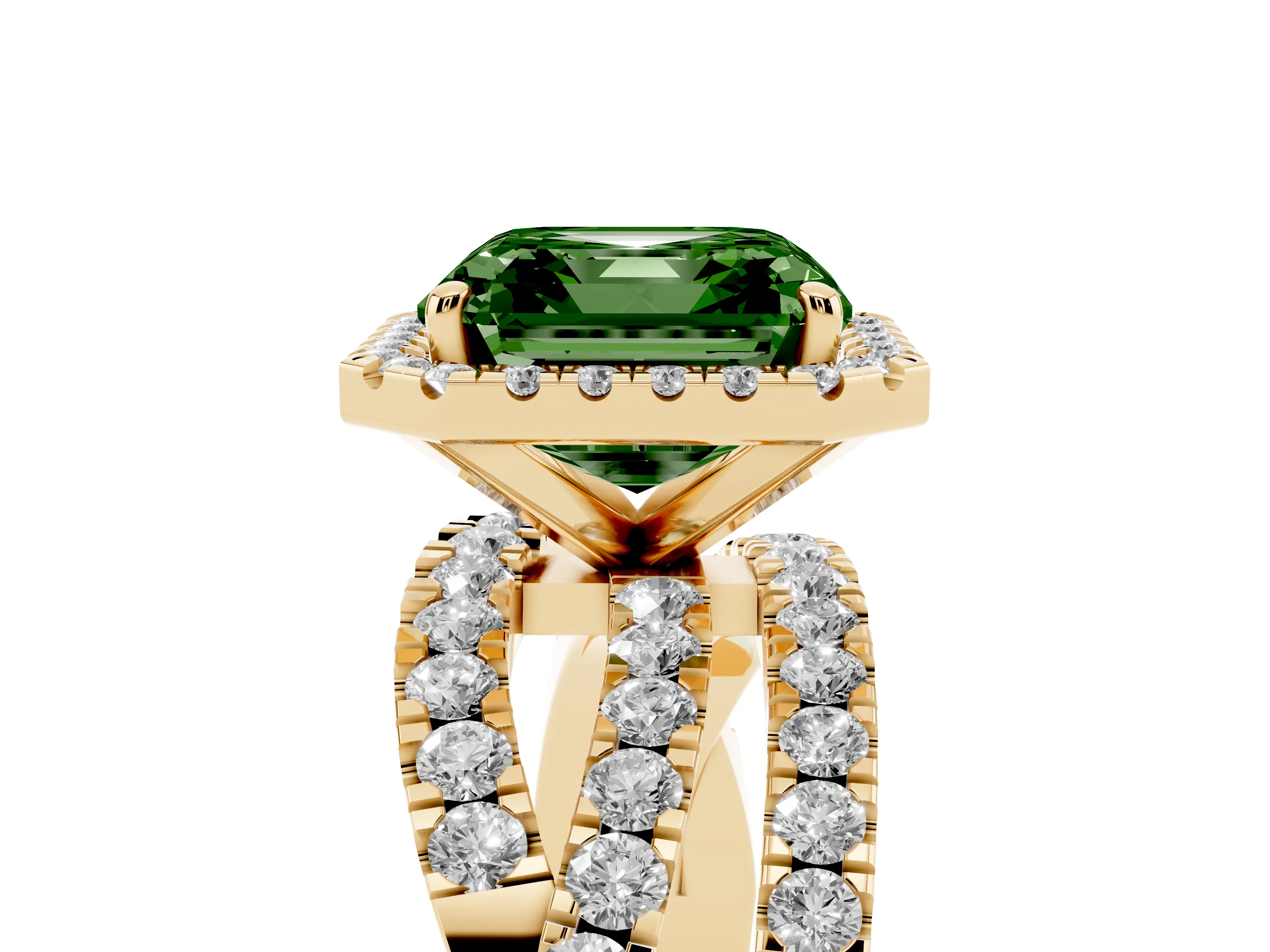 Fancy Green Asscher Cut Diamond Halo Ring Set in Yellow gold with Round Crossover Split Shank and Prong Setting
