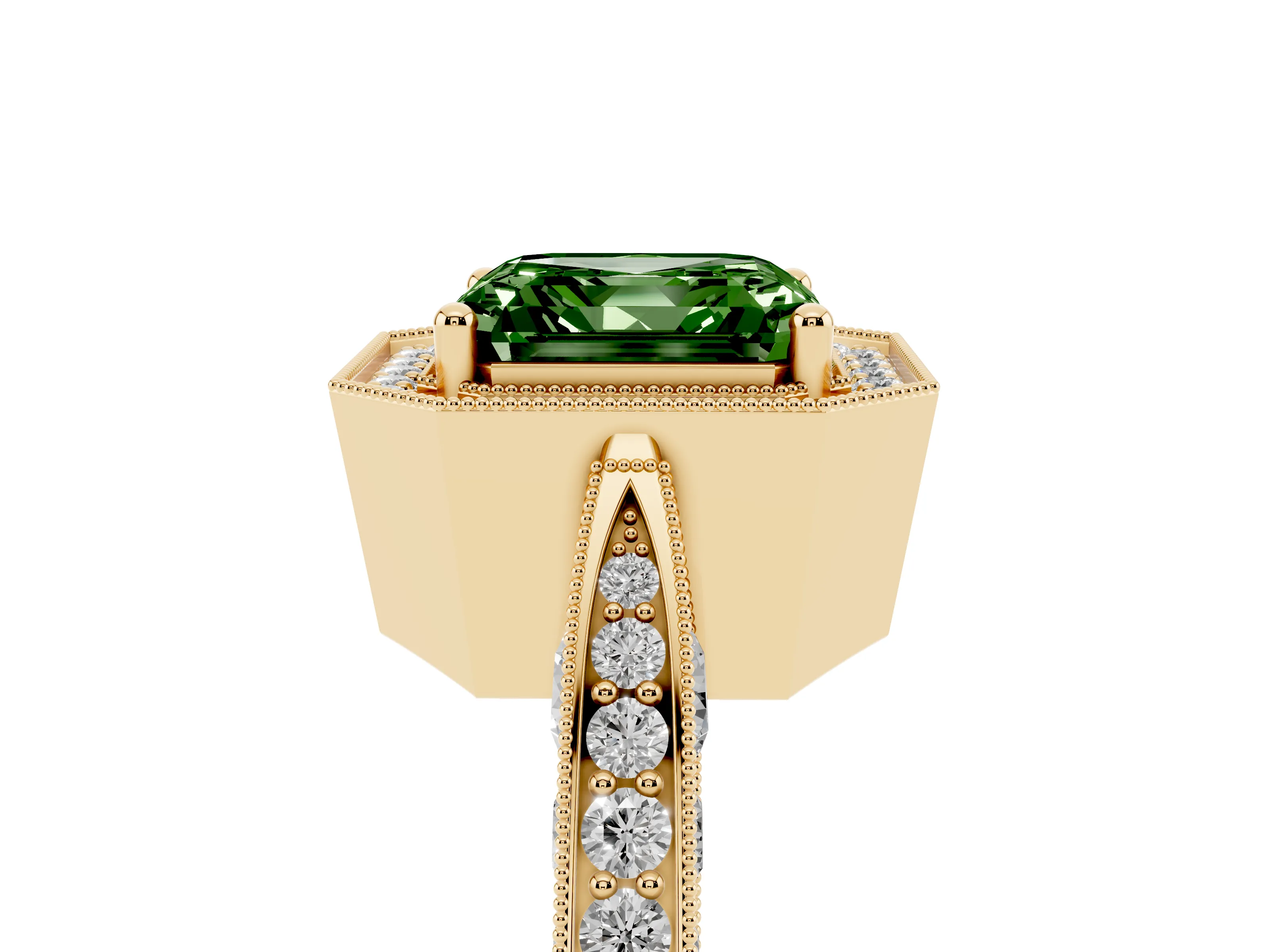 Fancy Green Asscher Cut Diamond Halo Engagement Ring Set in Yellow gold with Accent Split Shank Band