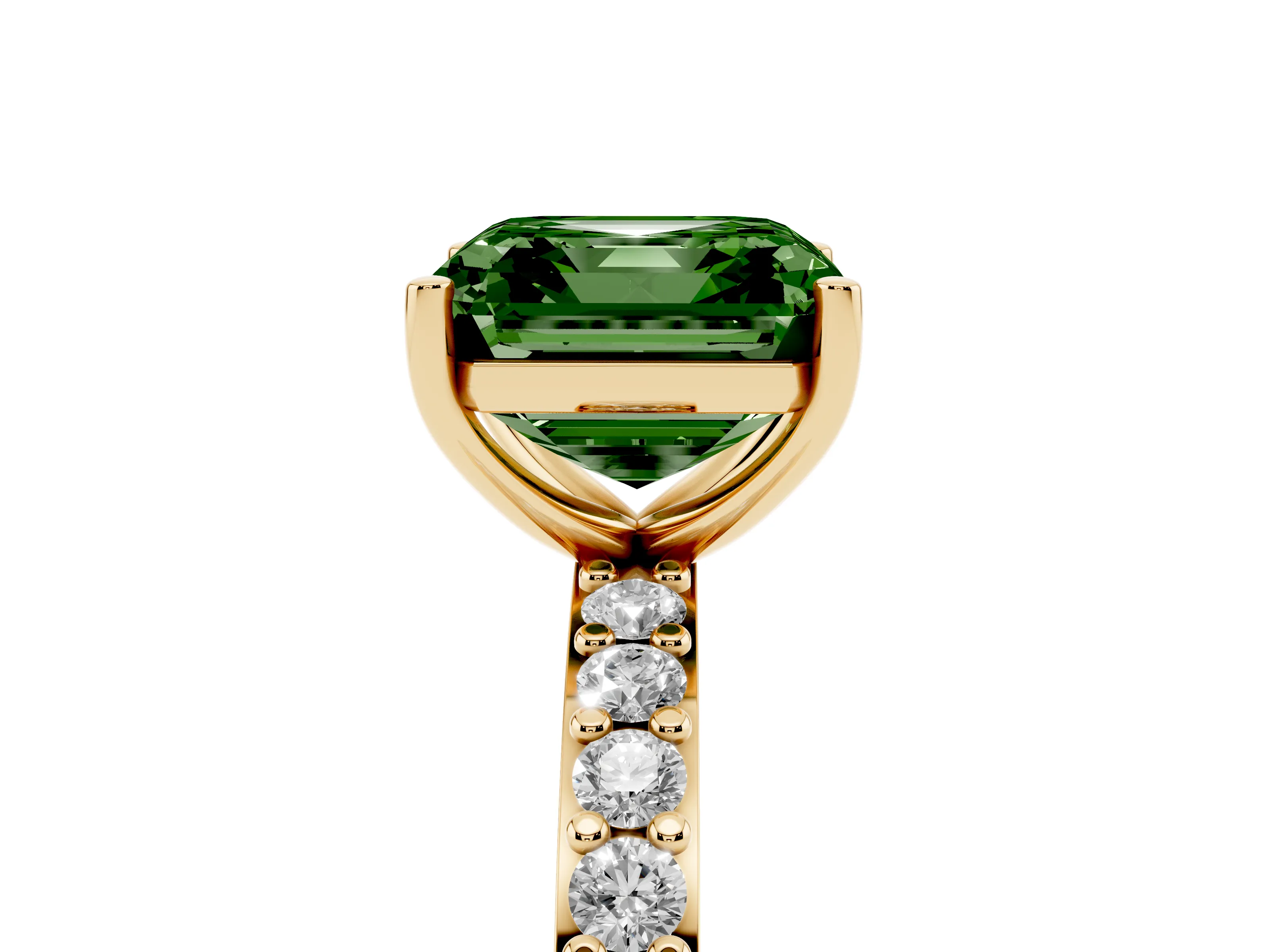 Fancy Green Asscher Cut Diamond Solitaire Set in Yellow gold with Round Pavé Band and Prong Setting