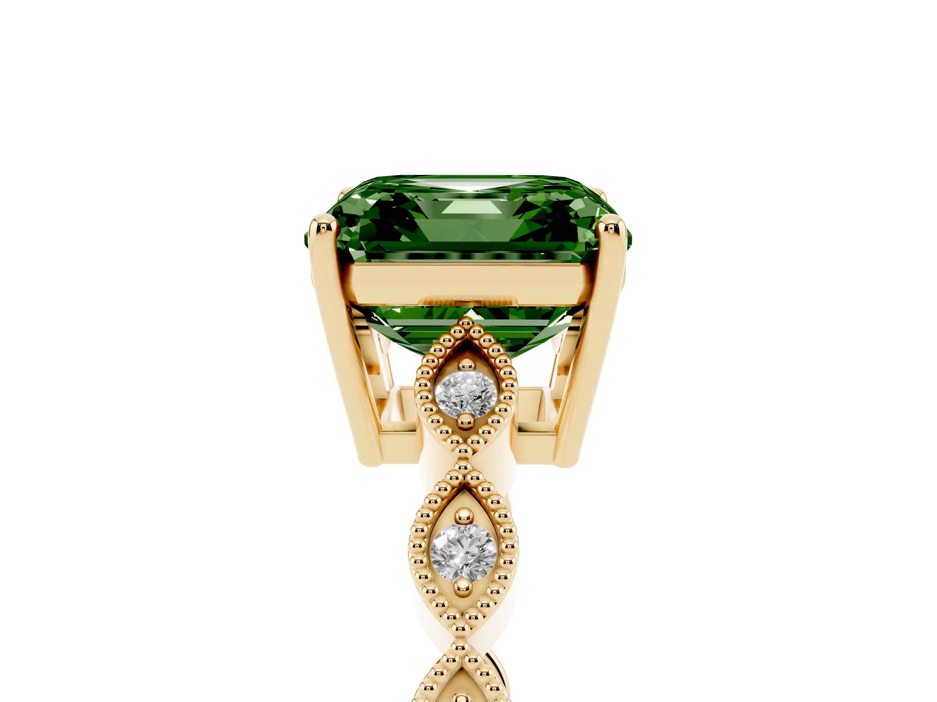Fancy Green Asscher Cut Diamond Solitaire Ring Set in Yellow gold with Infinity Twist Pavé Band
