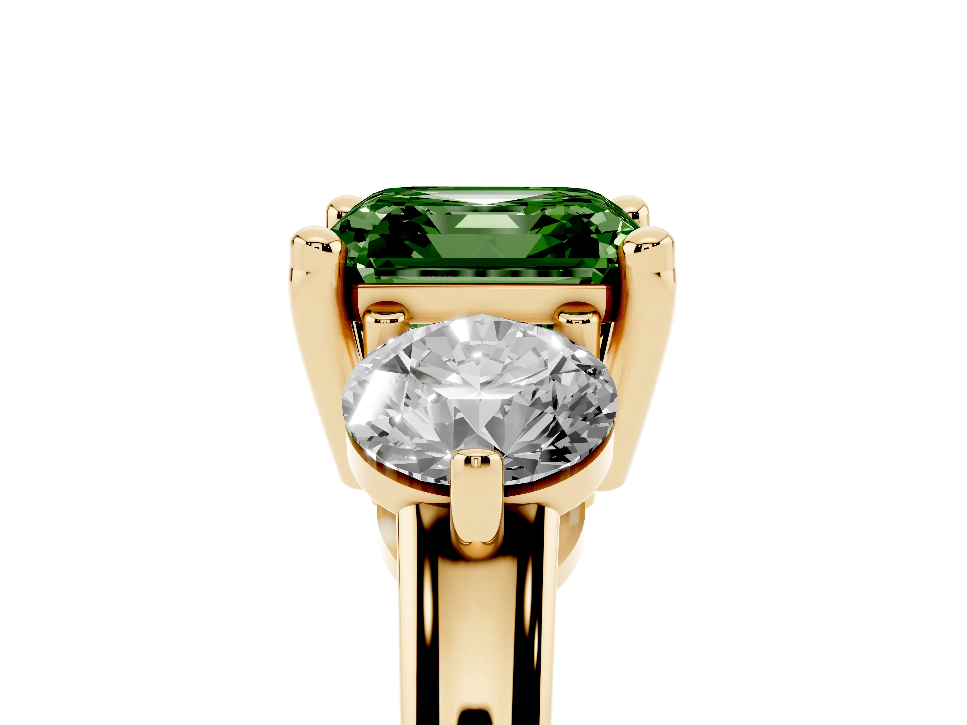 Fancy Green Asscher Cut Diamond Three-Stone Ring Set in Yellow gold with Prong Setting and Classic Band