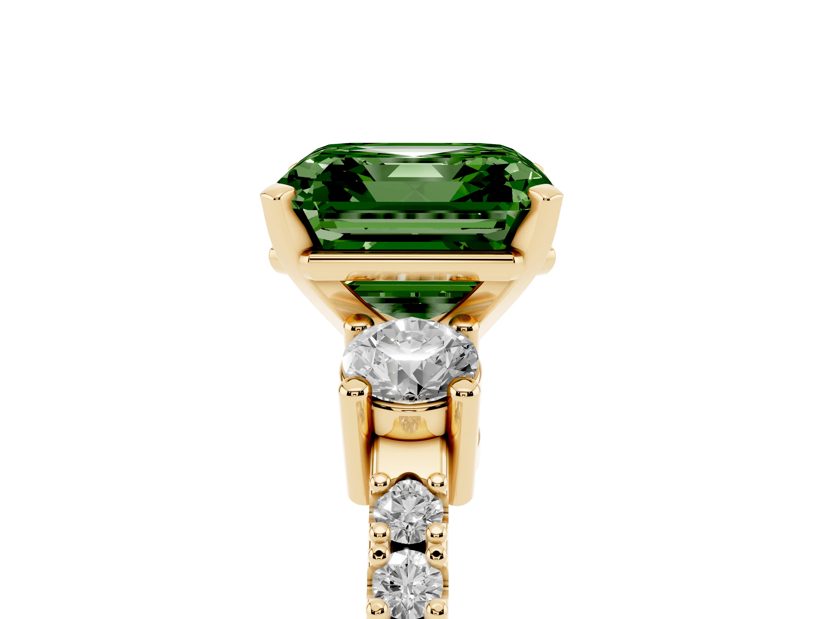 Fancy Green Three-Stone Asscher Cut Diamond Pavé Band Ring Set in Yellow gold with Prong Setting
