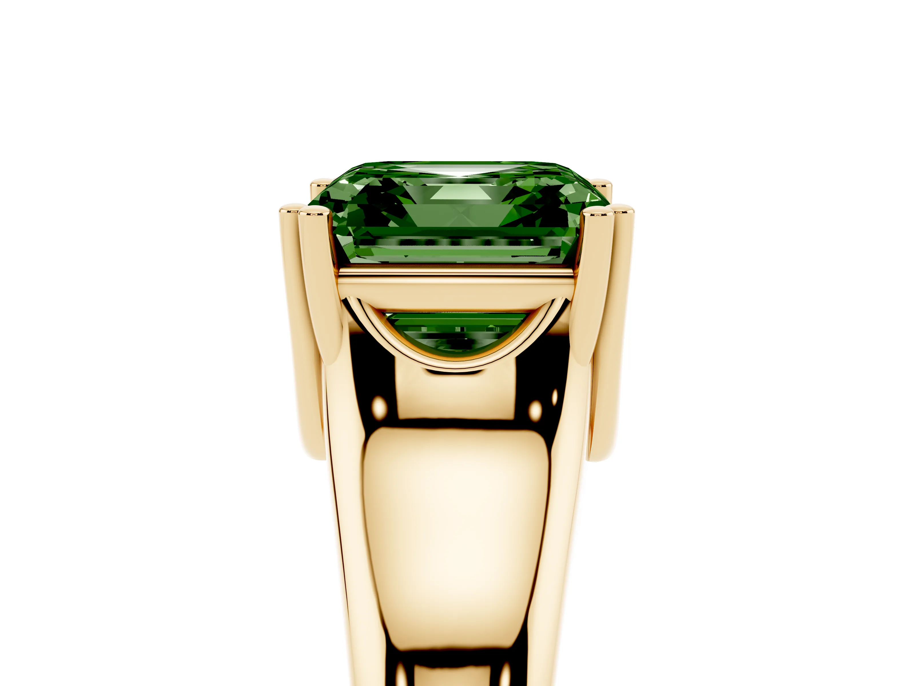 Fancy Green Asscher Cut Diamond Solitaire Ring Set in Yellow gold with Wide Band and Prong Setting