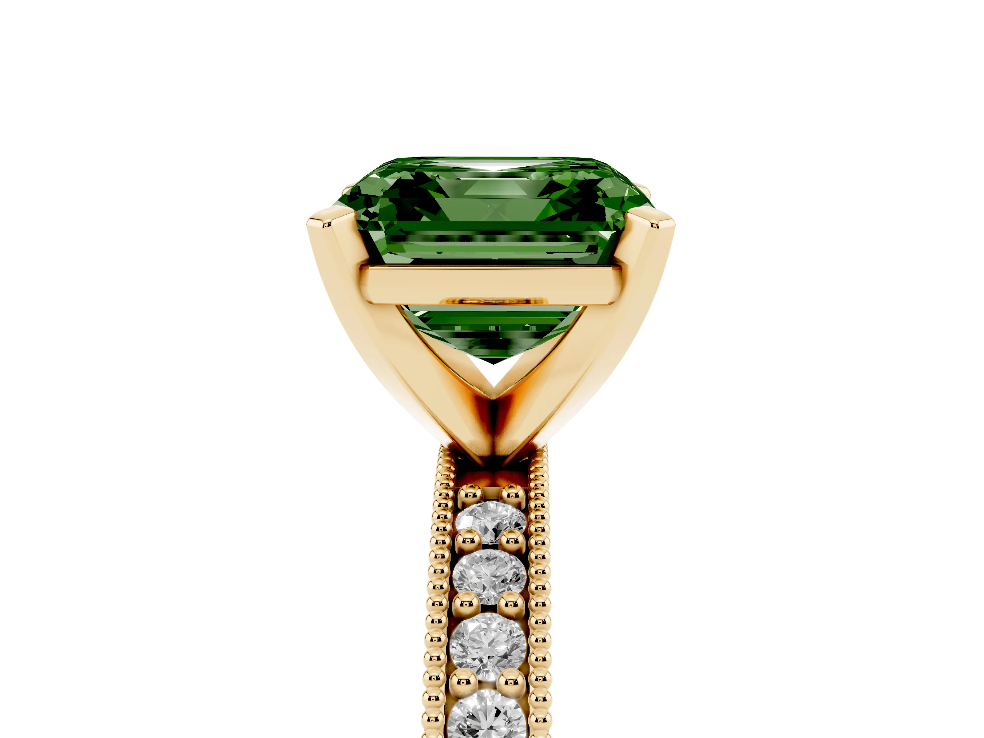 Fancy Green Asscher Cut Diamond Milgrain Pavé Engagement Ring Set in Yellow gold with Prong Setting