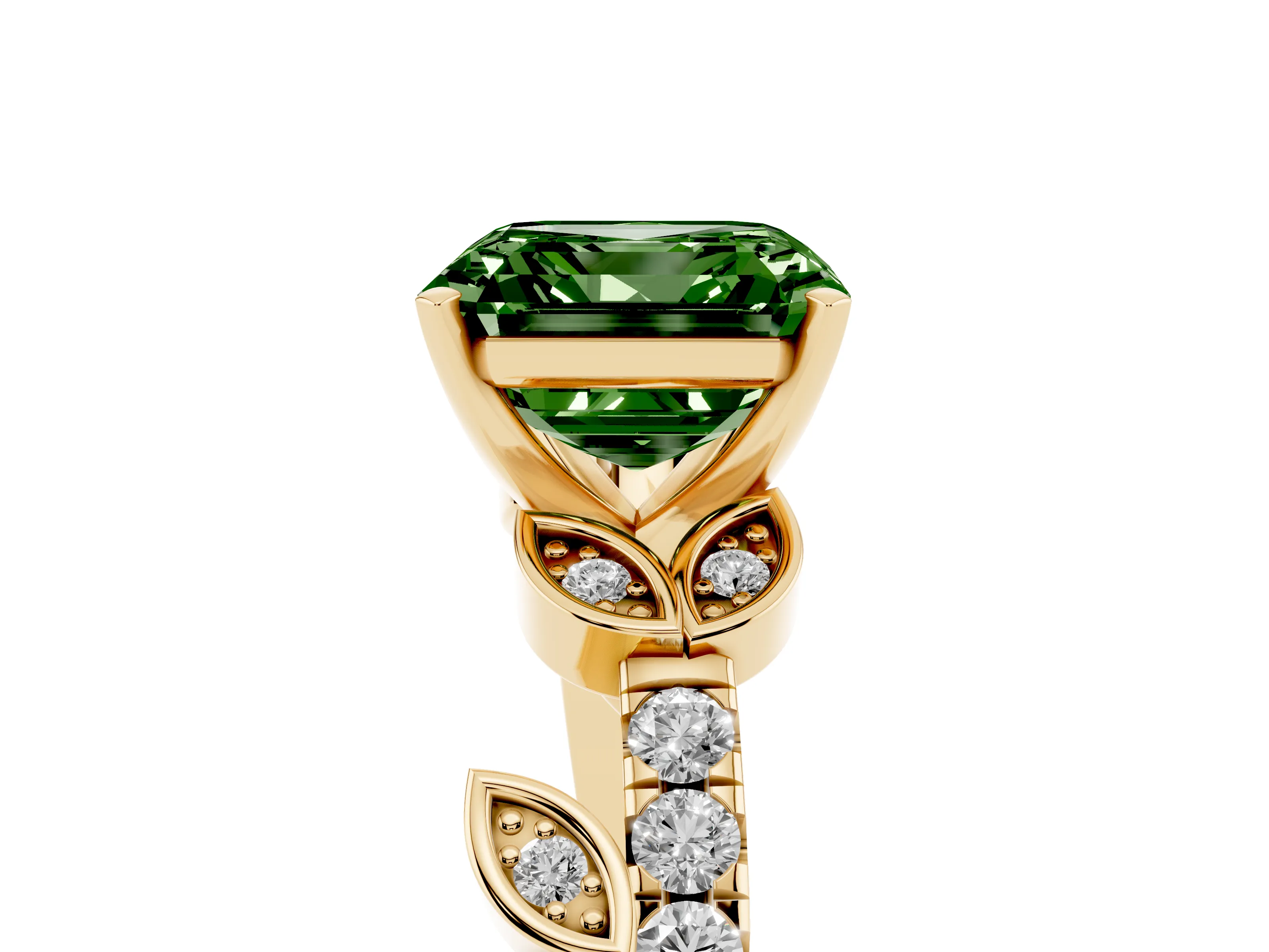 Fancy Green Asscher Cut Diamond Solitaire Leaf-Inspired Ring Set in Yellow gold with Pavé Band and Prong Setting