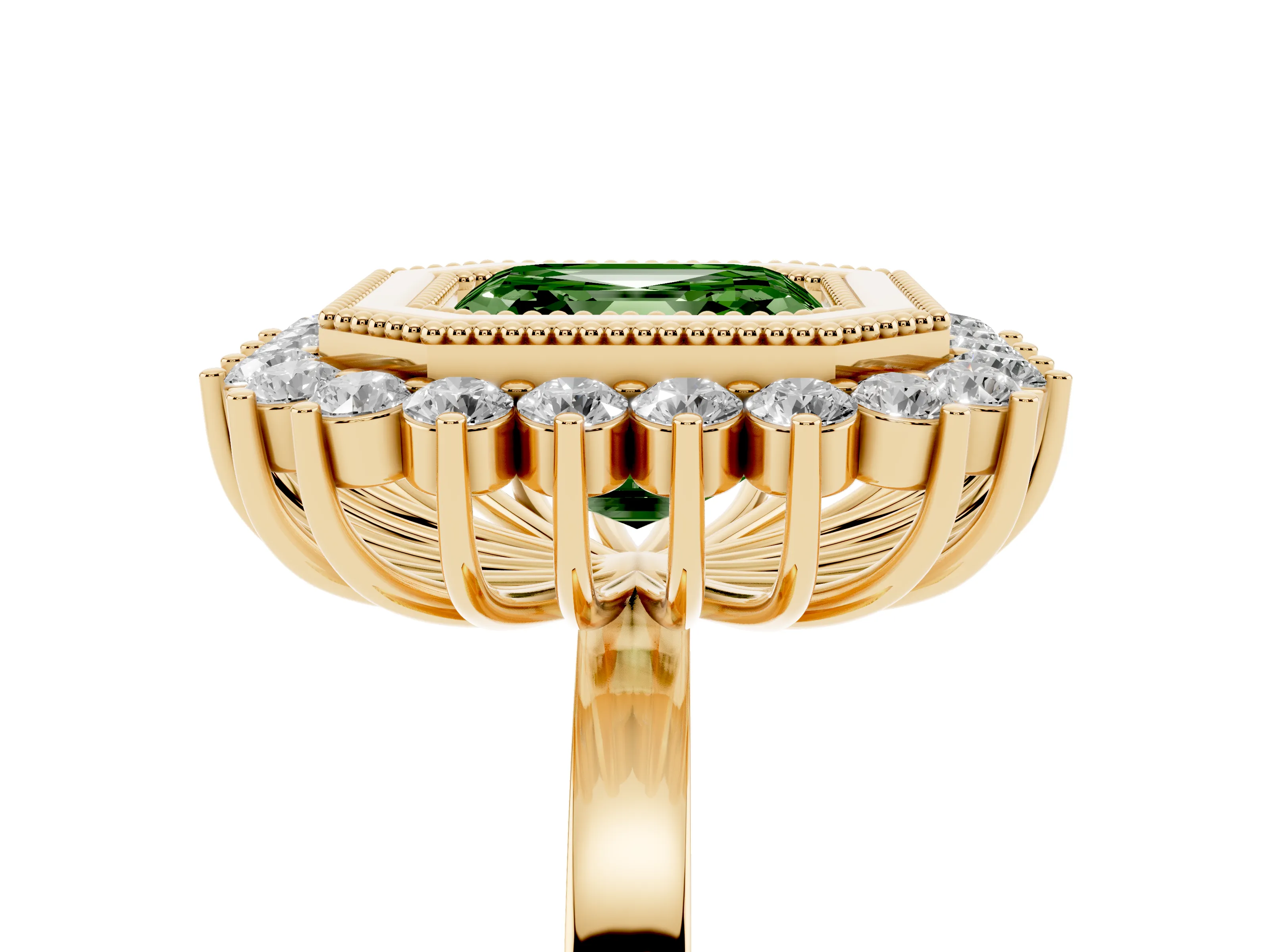 Fancy Green Asscher Cut Diamond Halo Ring Set in Yellow gold with Milgrain Edge and Round Prong Setting