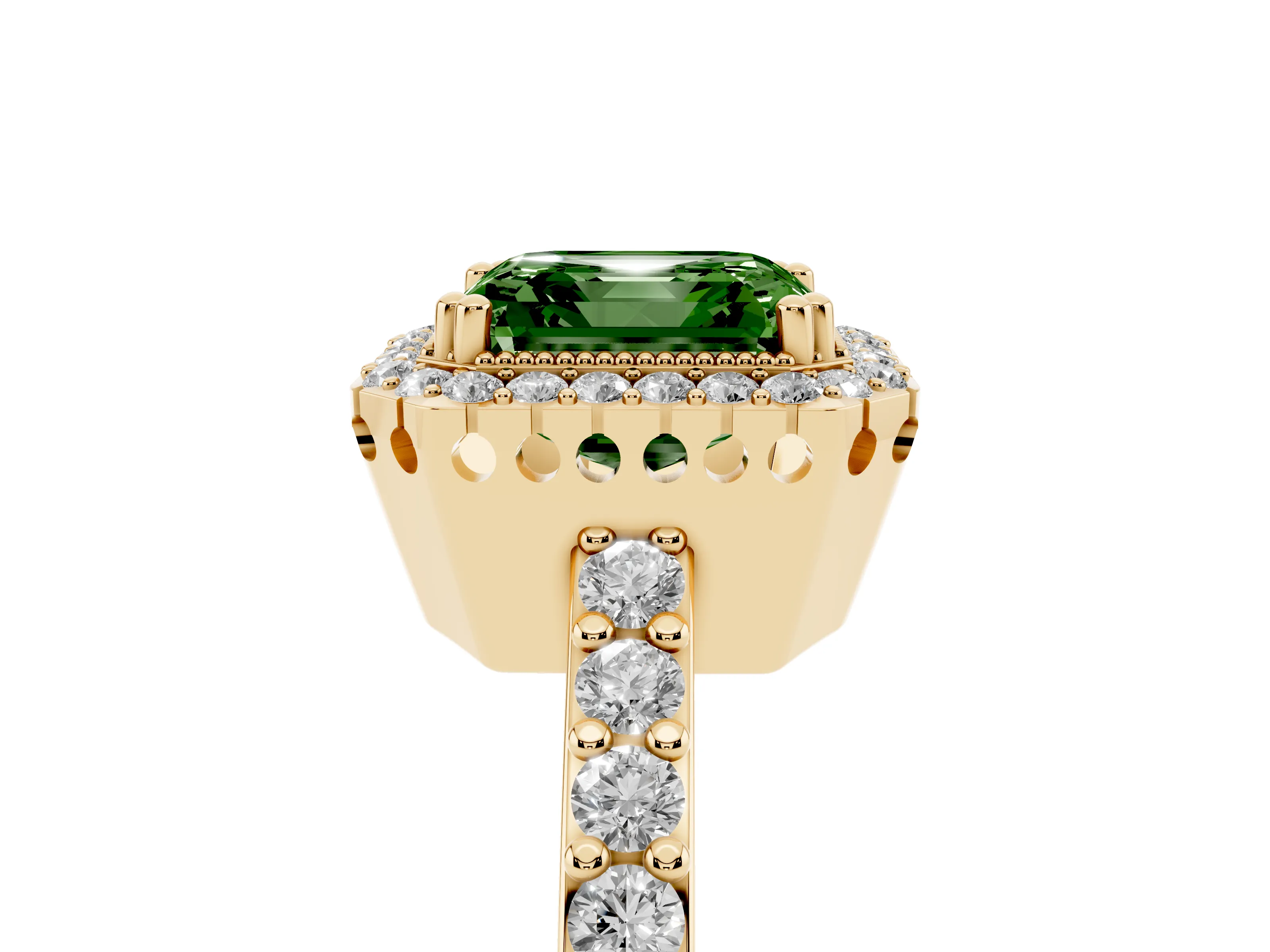 Fancy Green Asscher Cut Diamond Halo Engagement Ring Set in Yellow gold with Milgrain Detail and Pavé Band