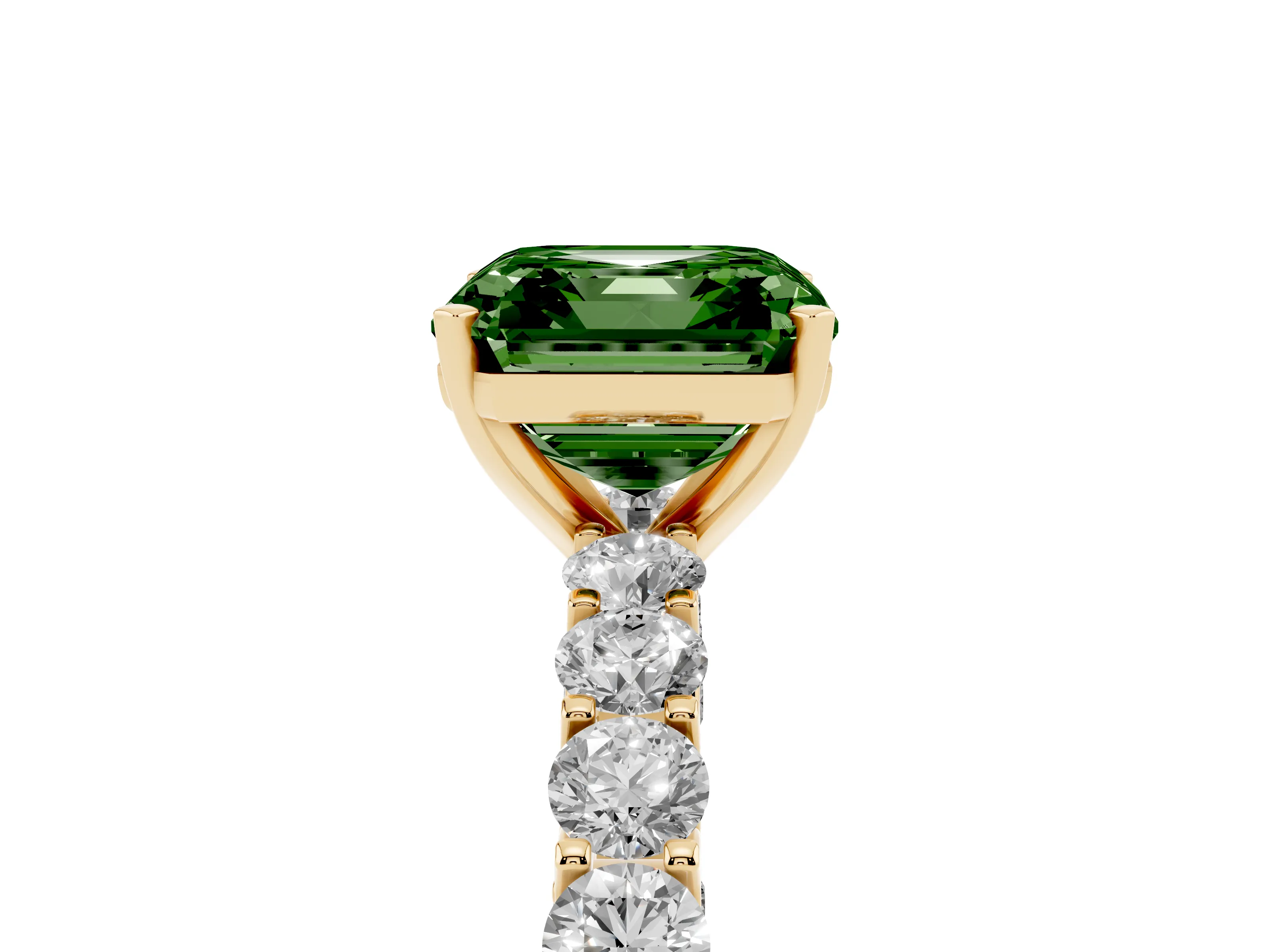 Fancy Green Asscher Cut Diamond Solitaire Ring Set in Yellow gold with Shared Prong Pavé Band