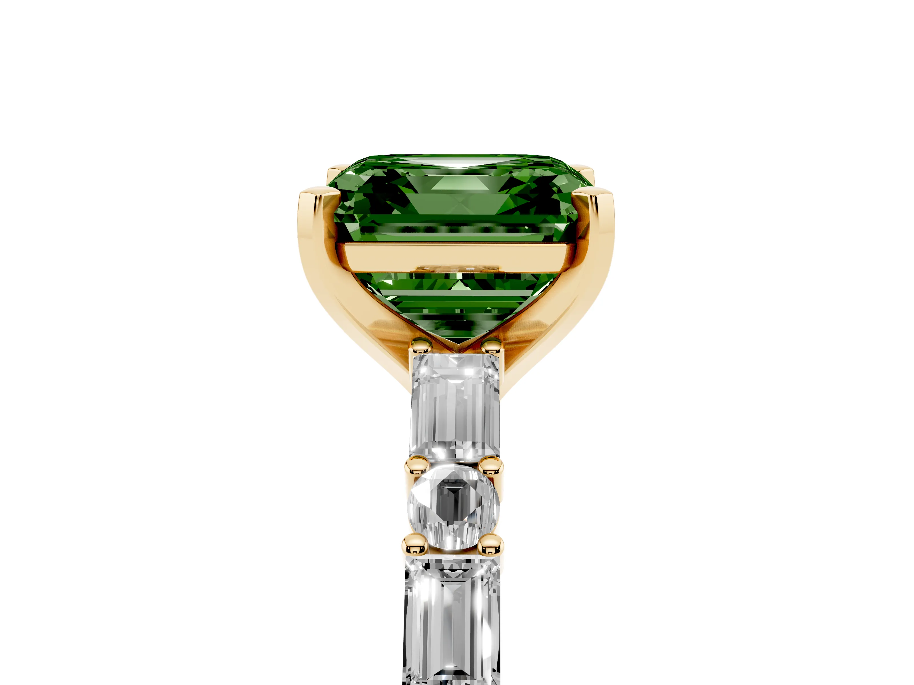 Fancy Green Asscher Cut Diamond Solitaire Set in Yellow gold with Side Baguettes and Channel Set Band