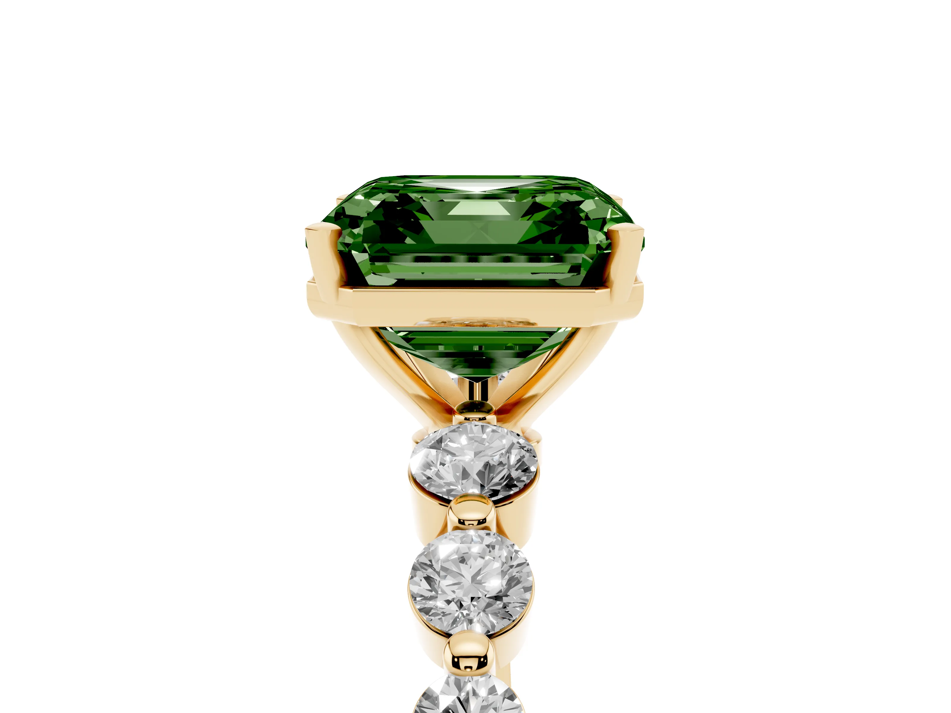 Fancy Green Asscher Cut Diamond Solitaire Ring Set in Yellow gold with Pavé Band and Prong Setting