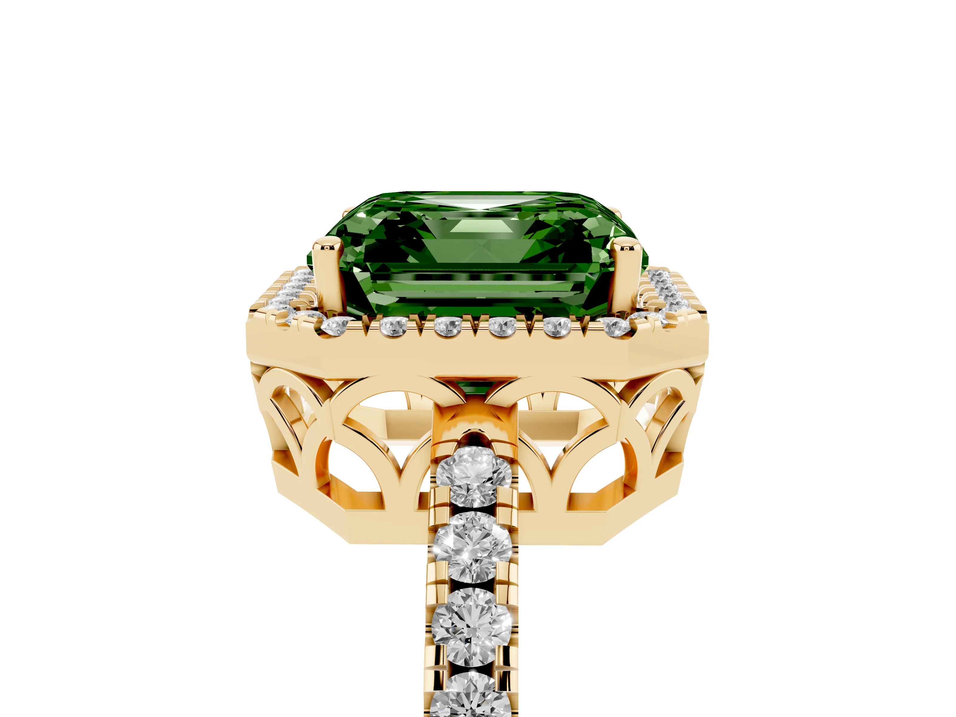 Fancy Green Asscher Cut Diamond Pavé Band Halo Engagement Ring Set in Yellow gold with Prong Setting