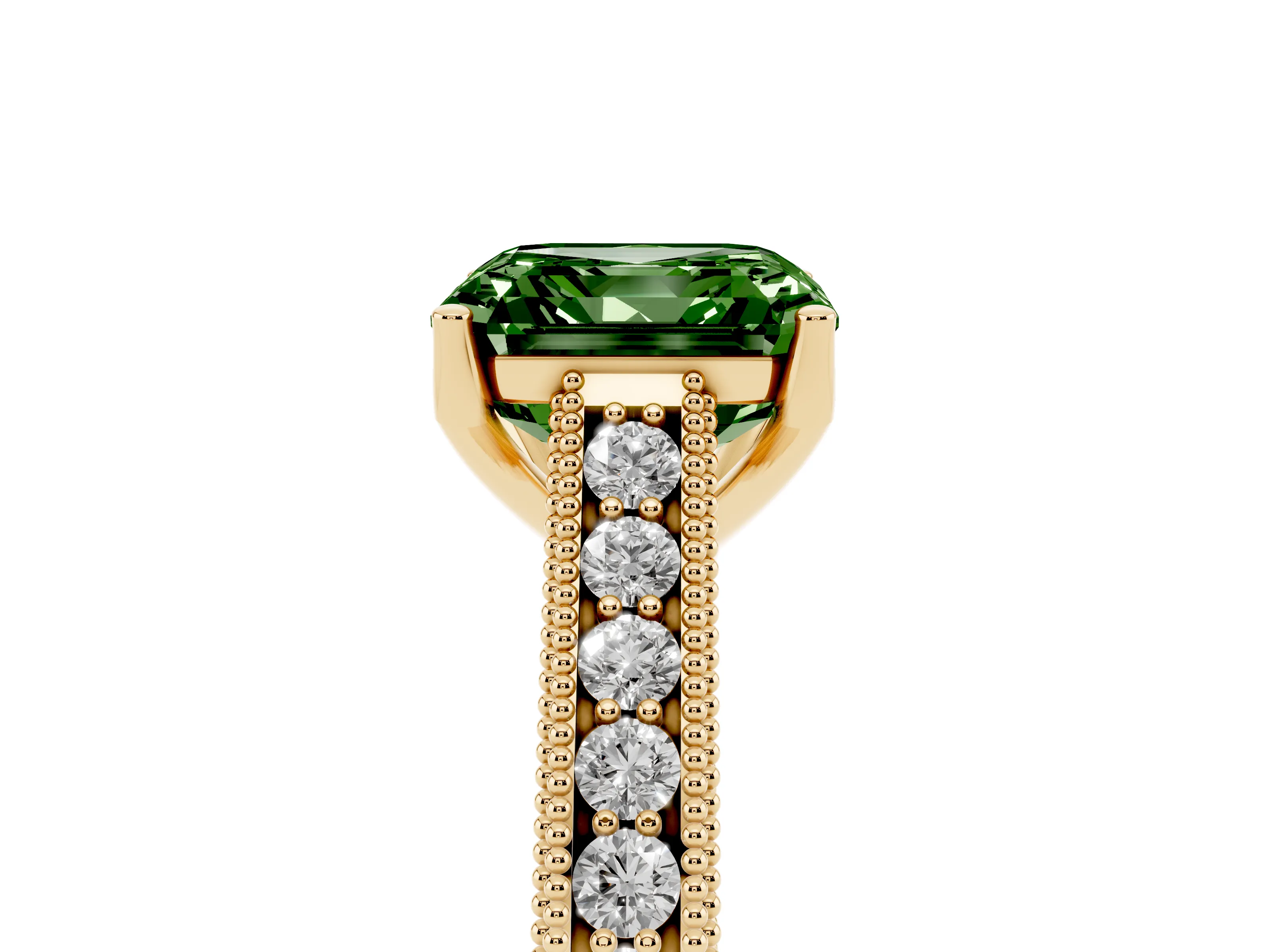 Fancy Green Asscher Cut Diamond Milgrain Pavé Band Solitaire Ring Set in Yellow gold with Prong Setting