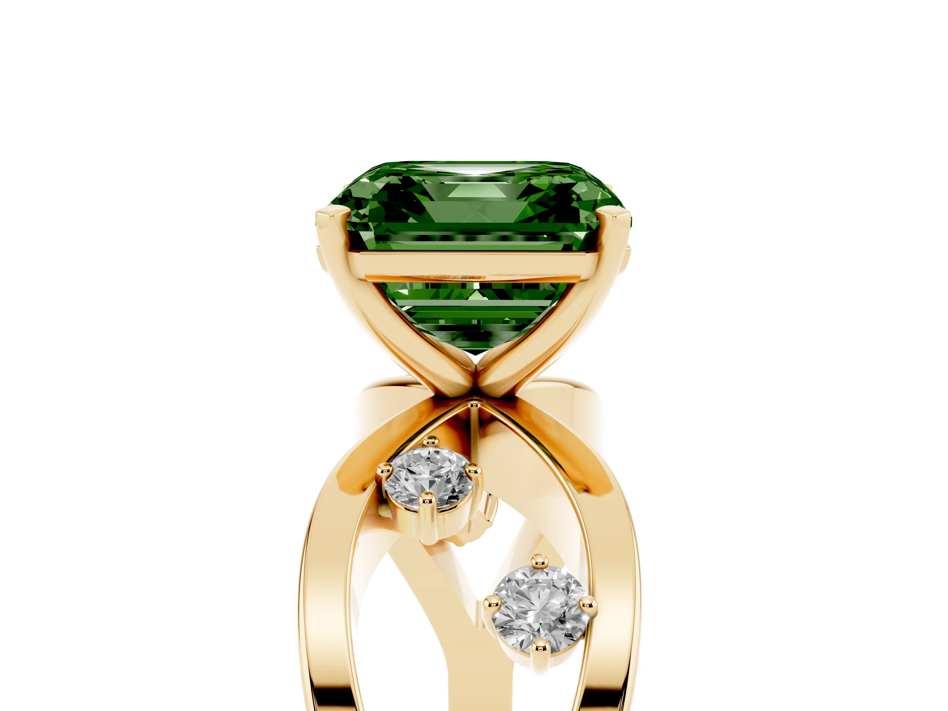 Fancy Green Asscher Cut Diamond Solitaire Ring Set in Yellow gold with Side Stones on Criss-Cross Band and Prong Setting
