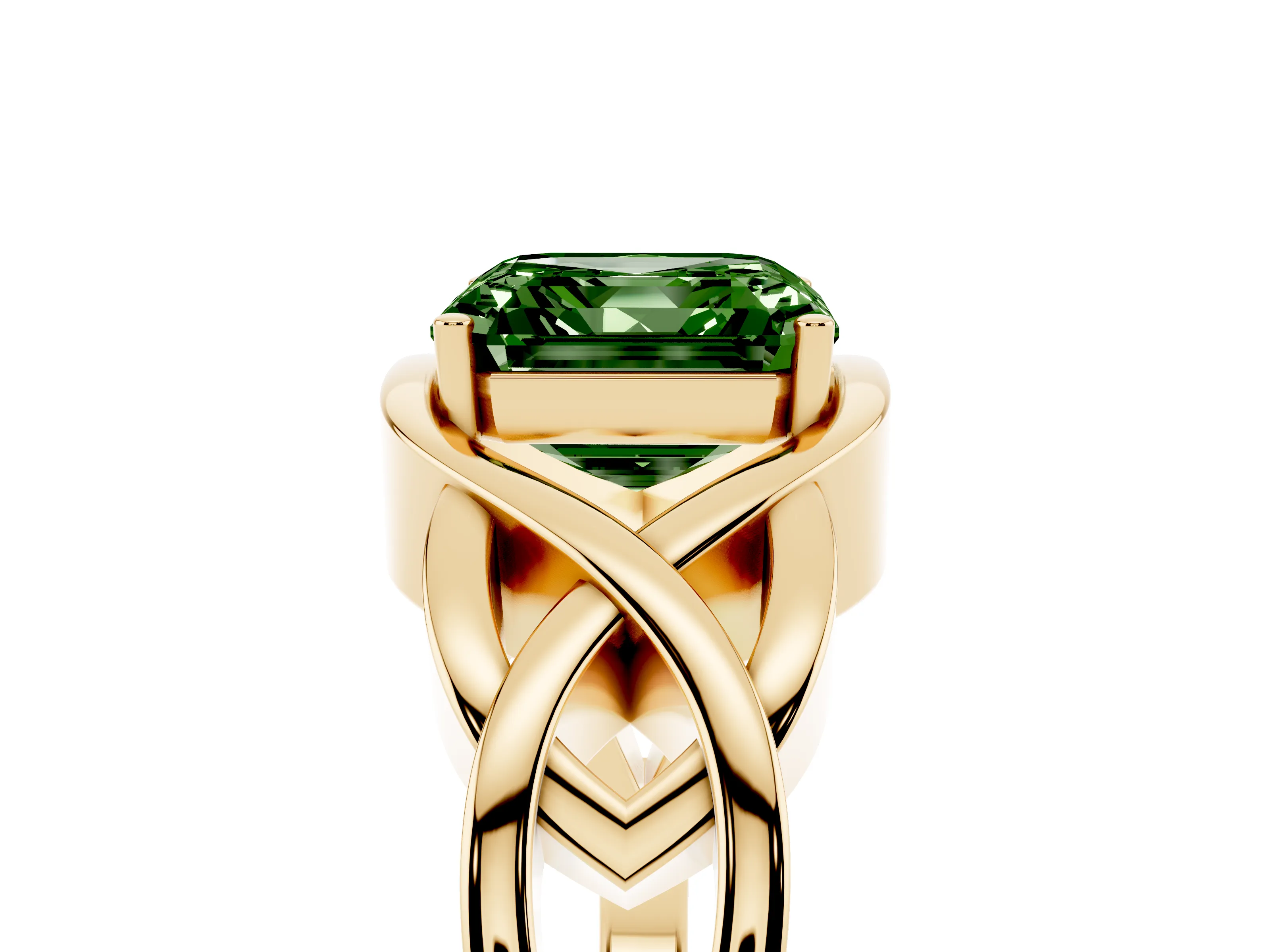 Fancy Green Asscher Cut Diamond Solitaire Ring Set in Yellow gold with Intertwined Band