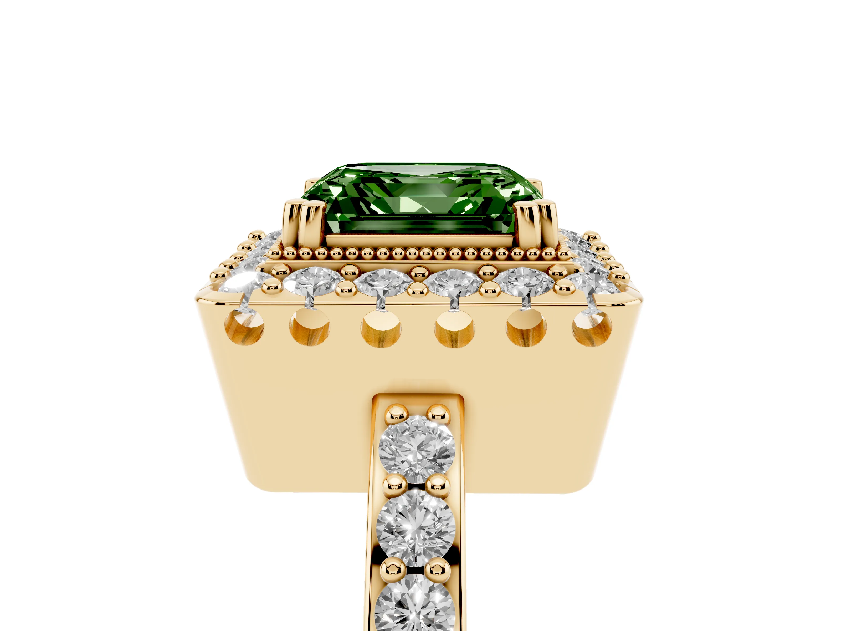 Fancy Green Asscher Cut Diamond Halo Ring Set in Yellow gold with Pavé Shank and Prong Setting