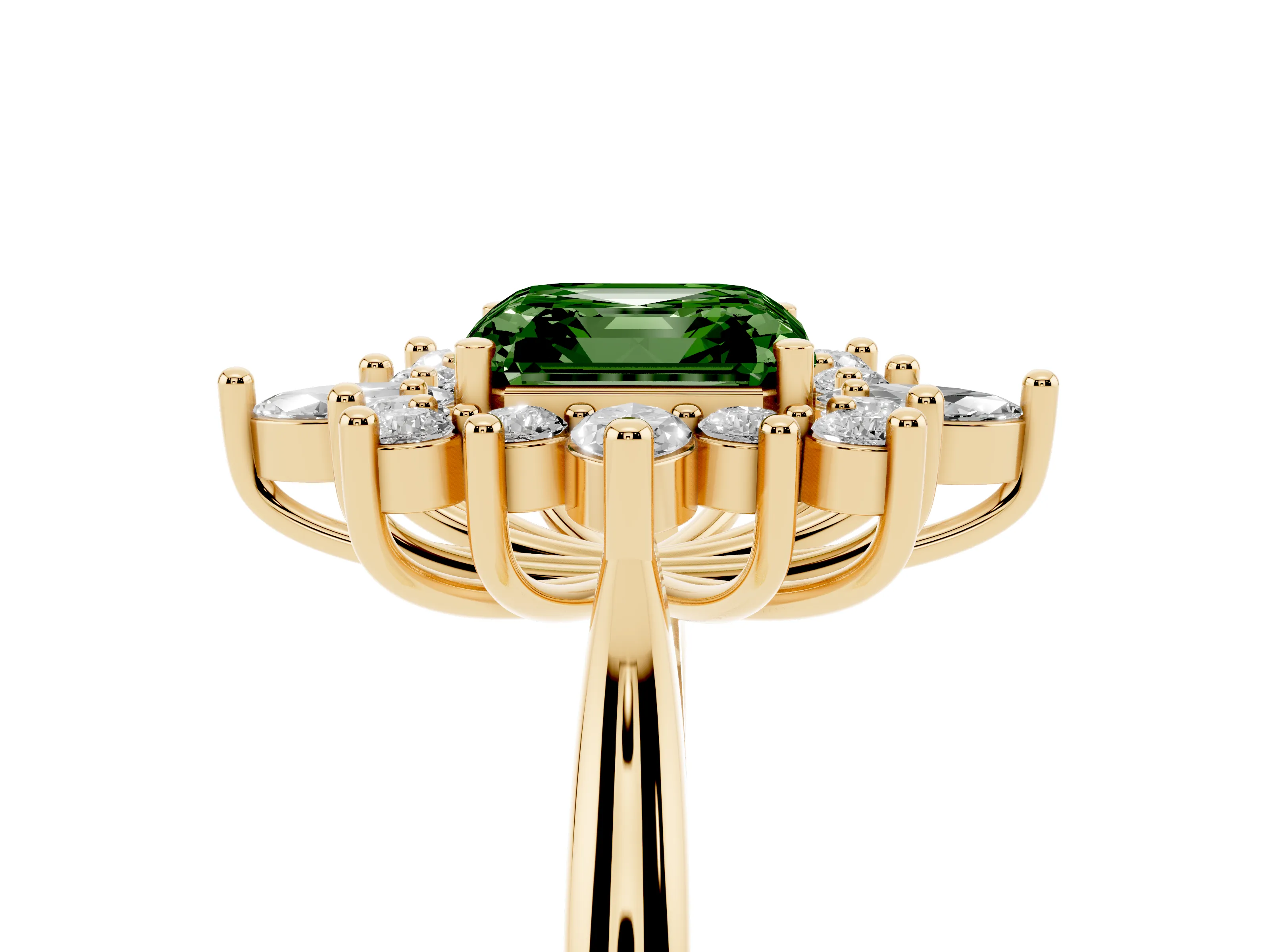 Fancy Green Asscher Cut Diamond Cluster Halo Ring Set in Yellow gold with Marquise and Round Accents