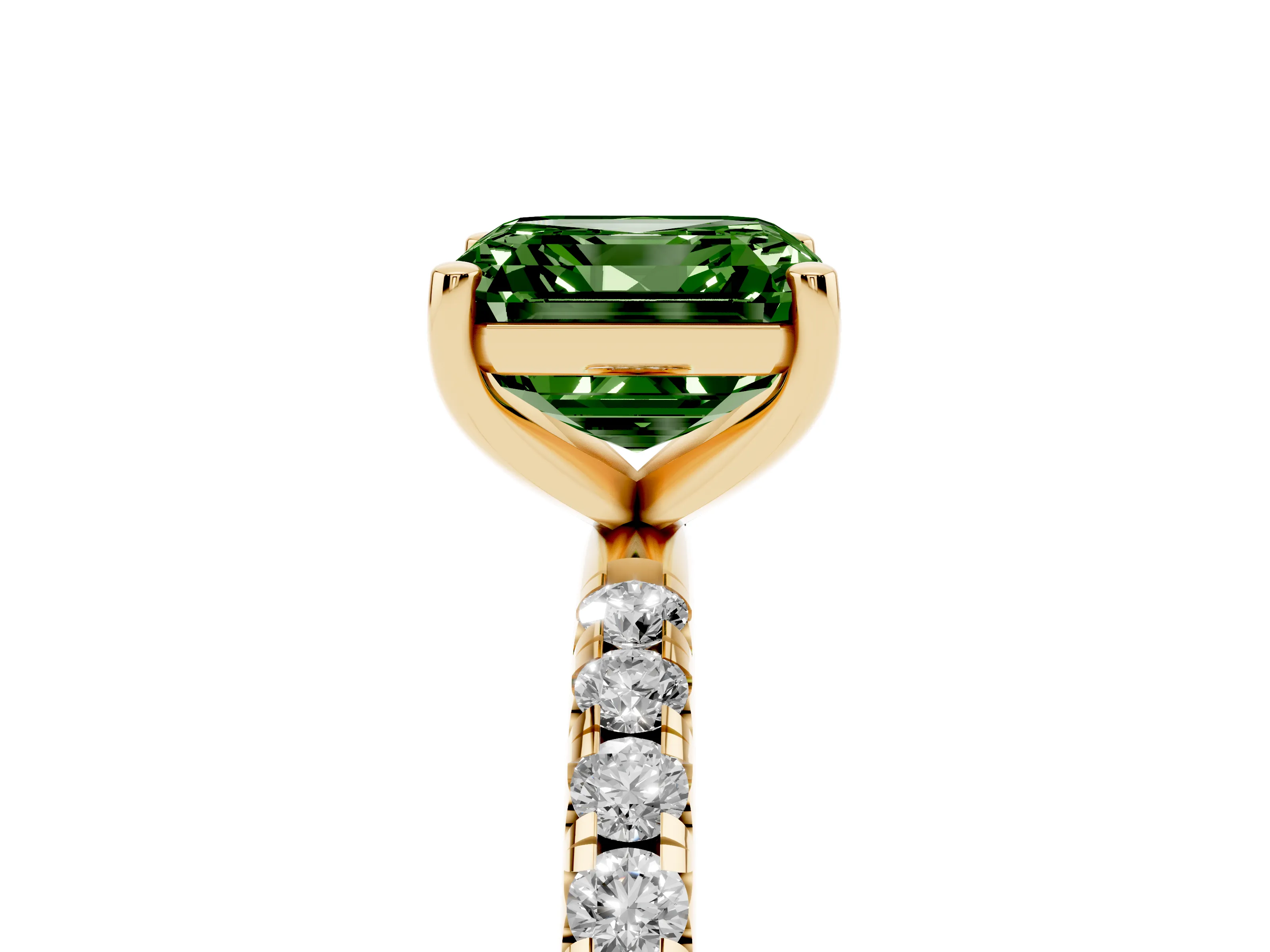 Fancy Green Asscher Cut Diamond Solitaire Ring Set in Yellow gold with Micro Pavé Band and Prong Setting