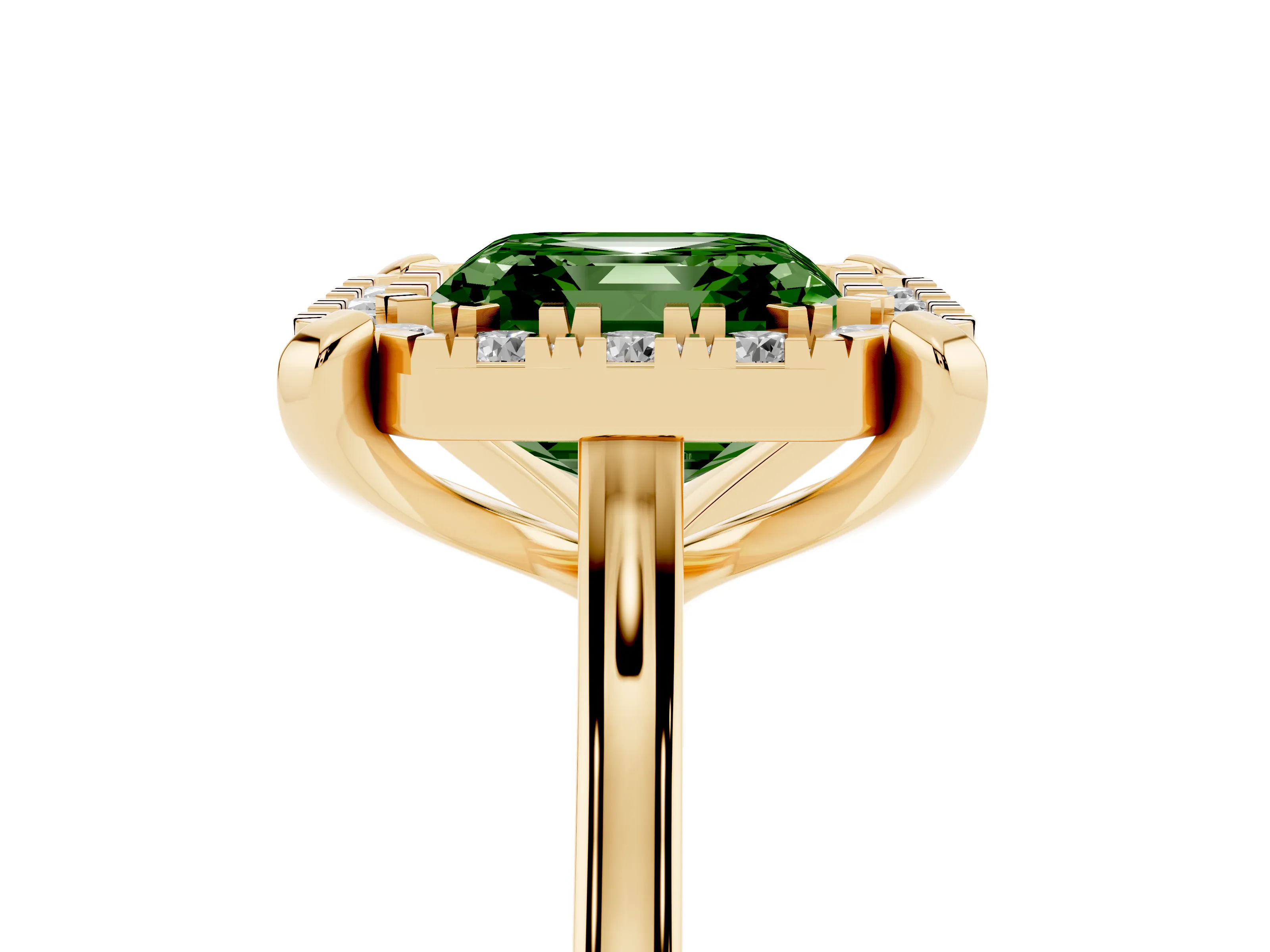 Fancy Green Asscher Cut Diamond Cluster Halo Solitaire Ring Set in Yellow gold with Prong Setting