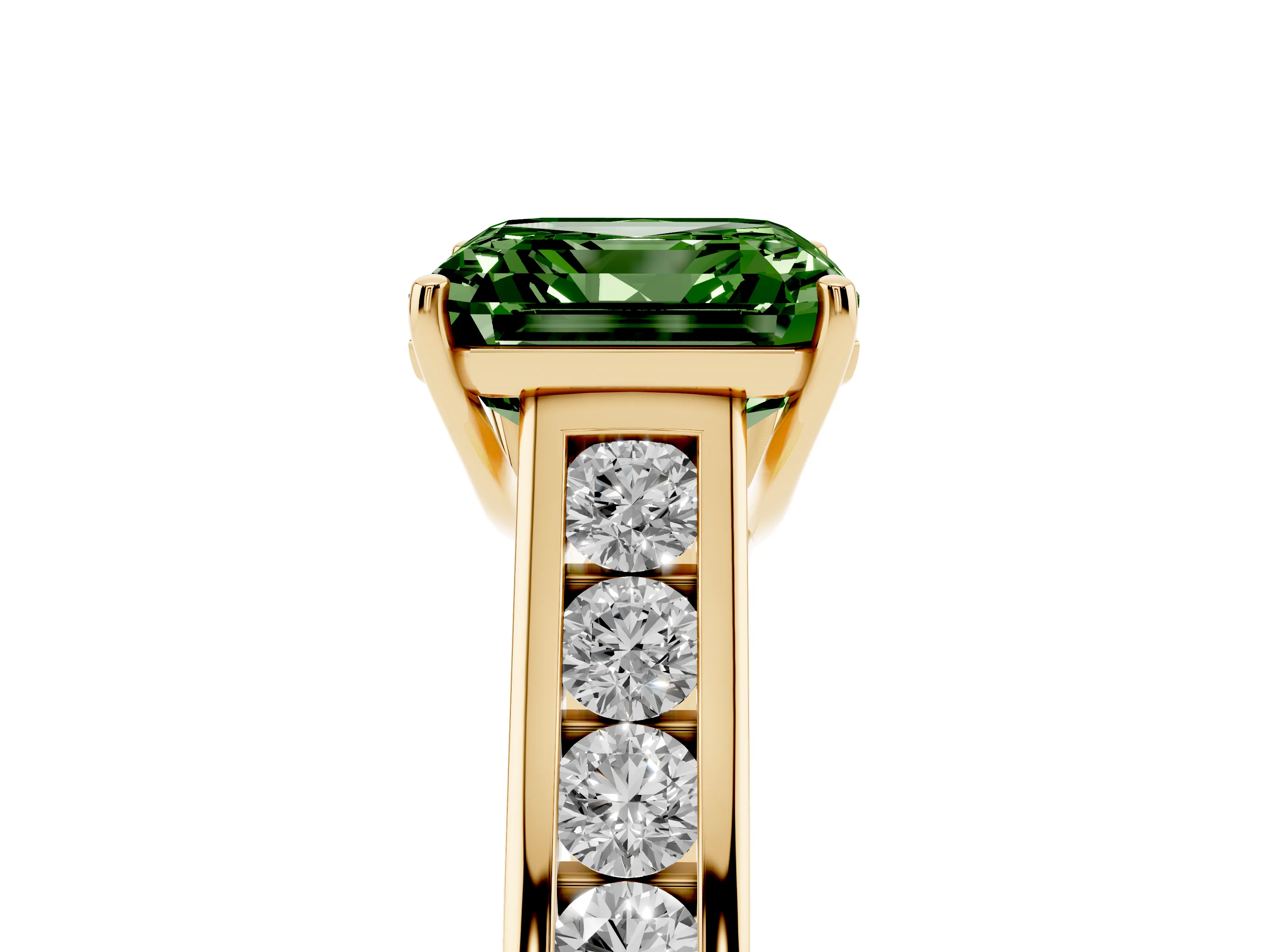 Fancy Green Asscher Cut Diamond Brilliant Channel-Set Solitaire Ring Set in Yellow gold with Prong Setting