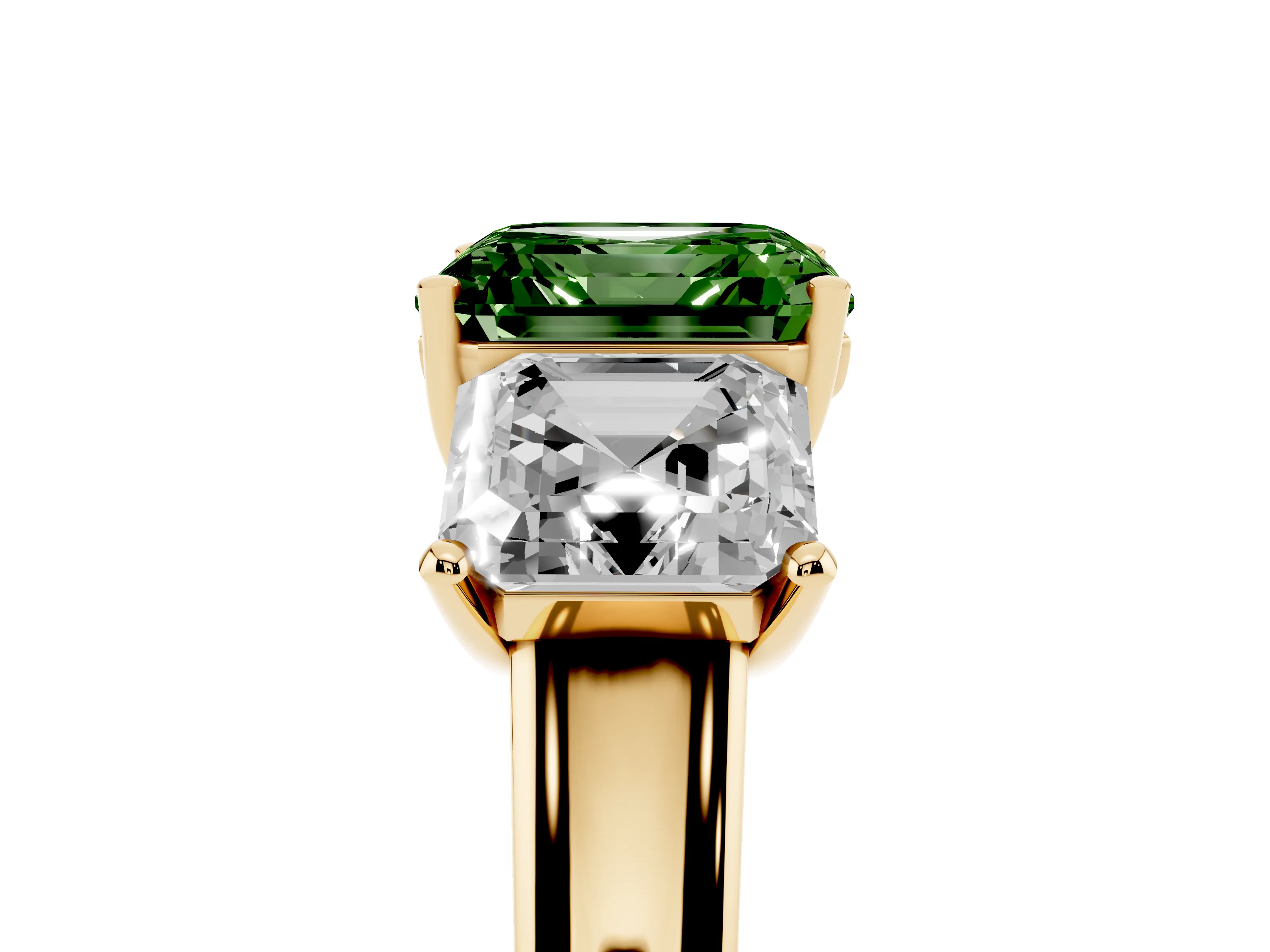 Fancy Green Asscher Cut Diamond Three-Stone Ring Set in Yellow gold with Classic Prong Setting and Plain Band