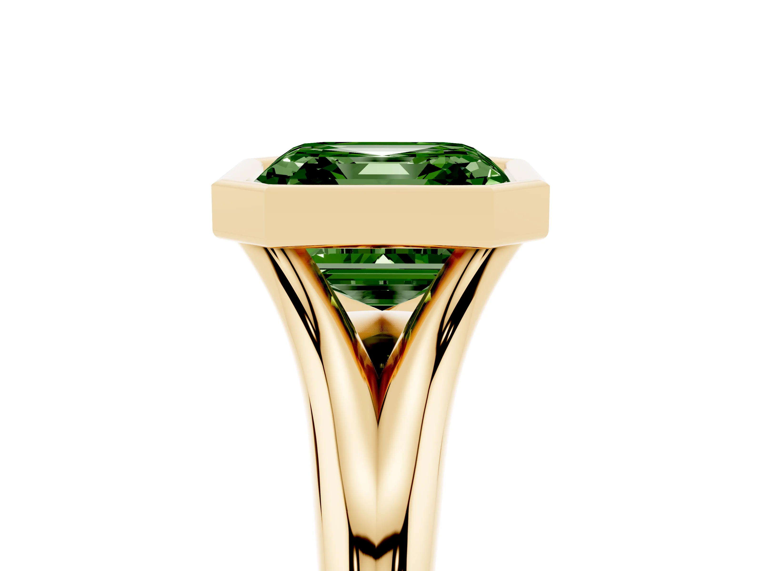 Fancy Green Bezel Set Asscher Cut Diamond Solitaire Ring Set in Yellow gold with Smooth Band