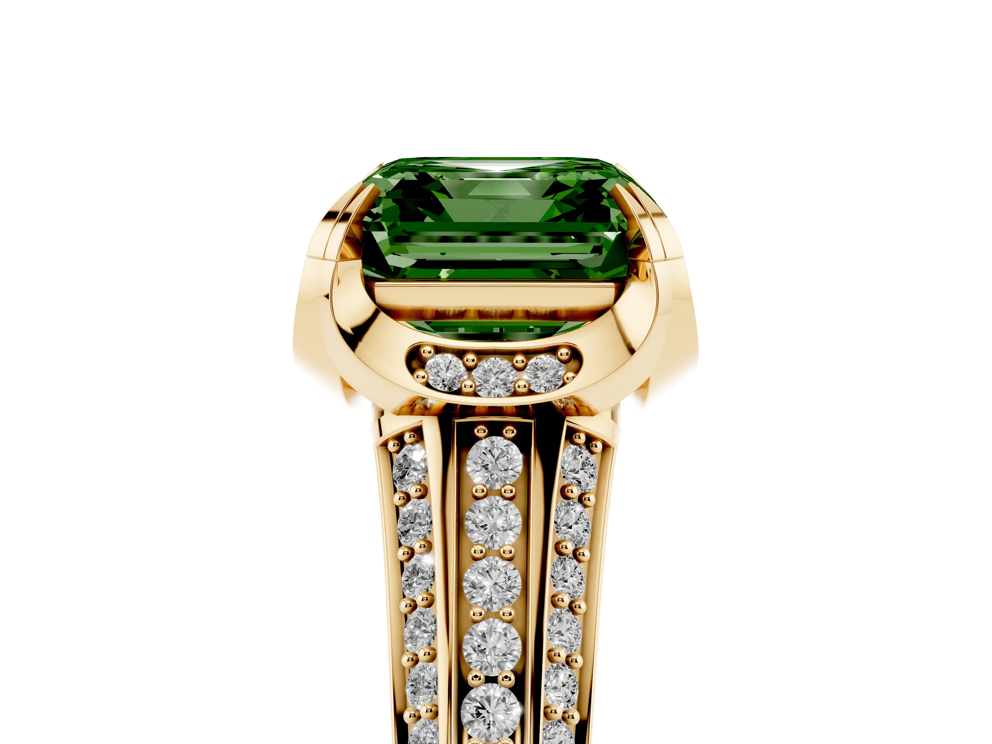 Fancy Green Asscher Cut Diamond Pavé Split Shank Solitaire Ring Set in Yellow gold with Prong Setting