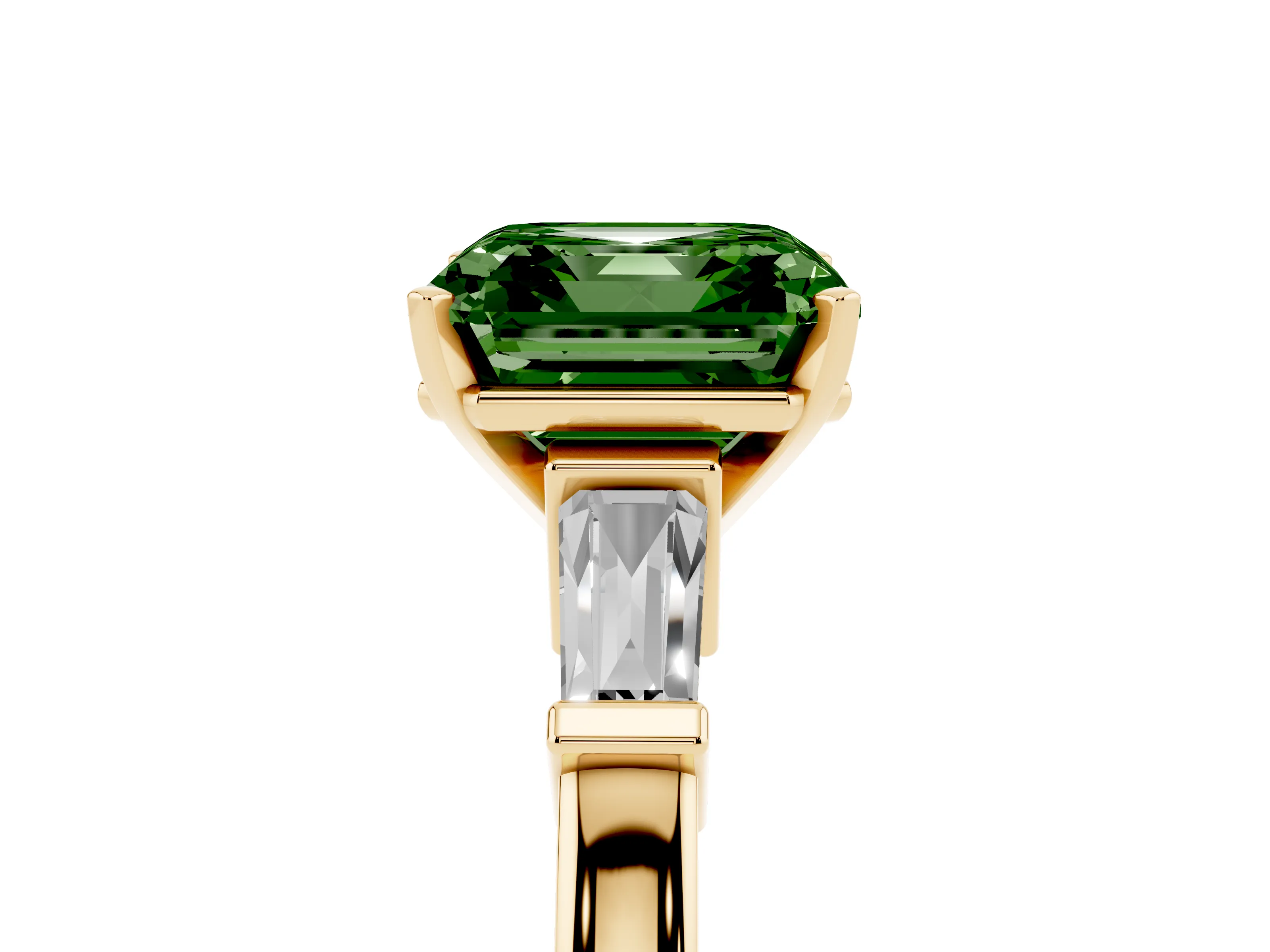 Fancy Green Asscher Cut Diamond Solitaire Ring Set in Yellow gold with Tapered Baguette Accents and Prong Setting
