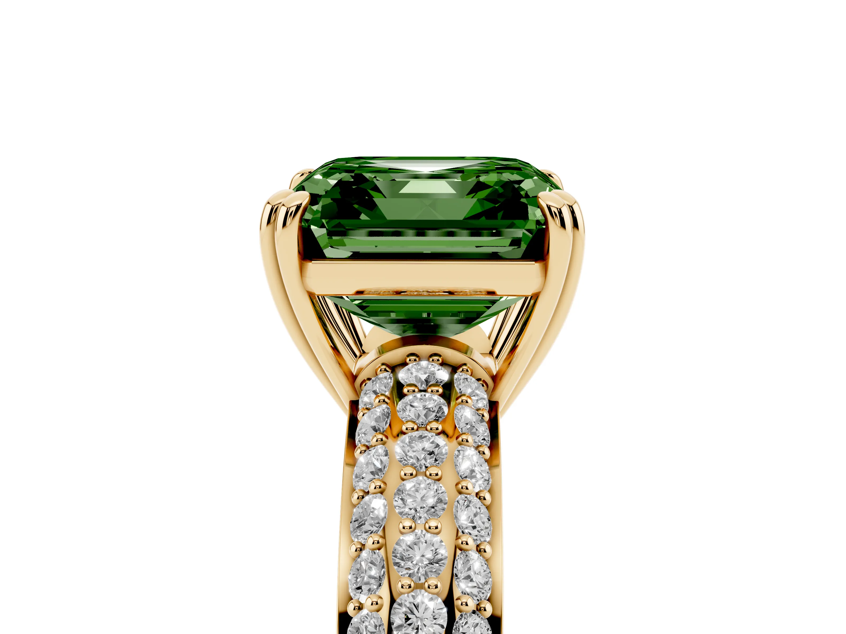 Fancy Green Asscher Cut Diamond Solitaire Ring Set in Yellow gold with Multi-Row Round Pavé Band and Prong Setting