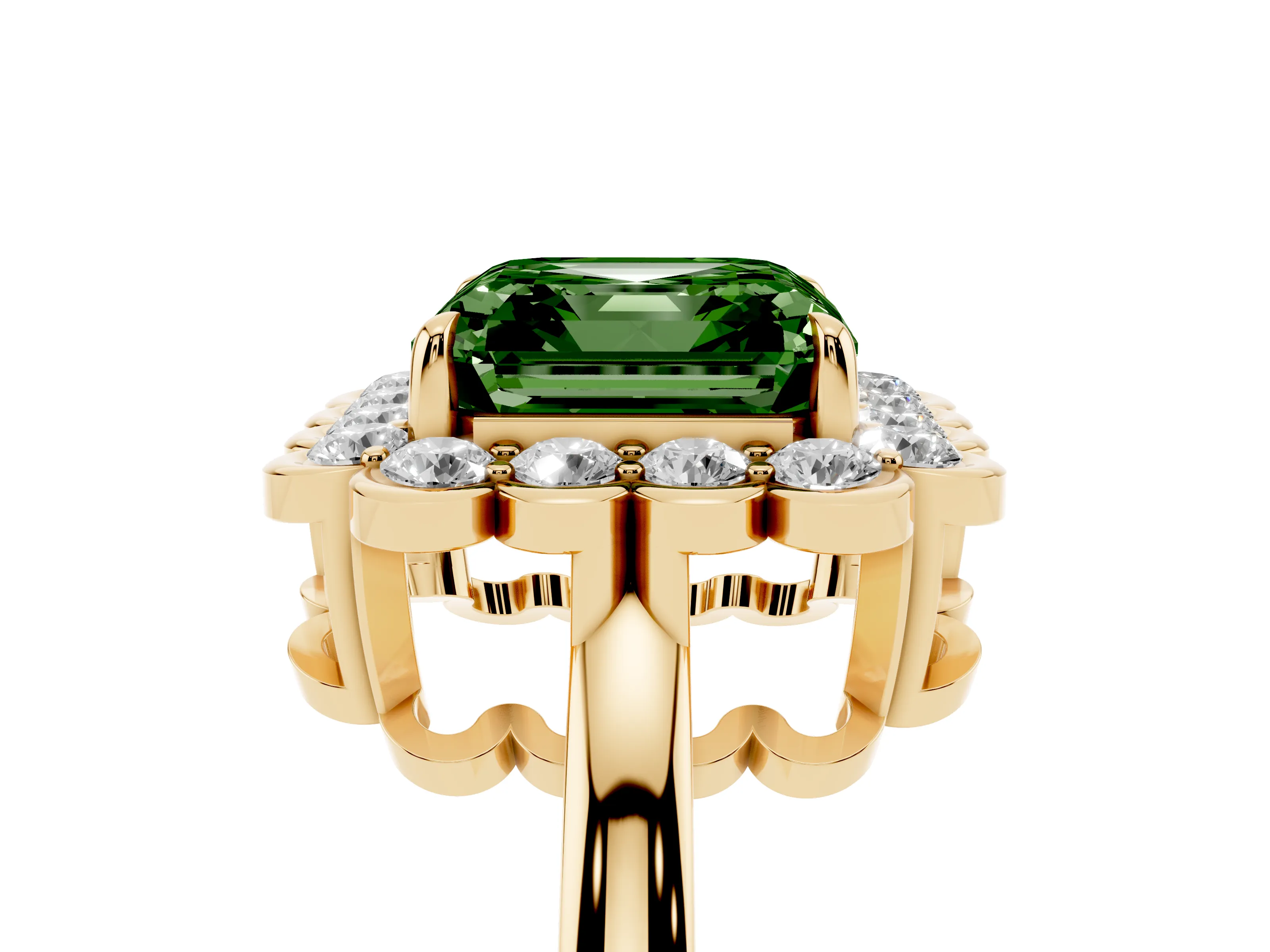 Fancy Green Asscher Cut Diamond Halo Cluster Engagement Ring Set in Yellow gold with Solitaire Band and Prong Setting